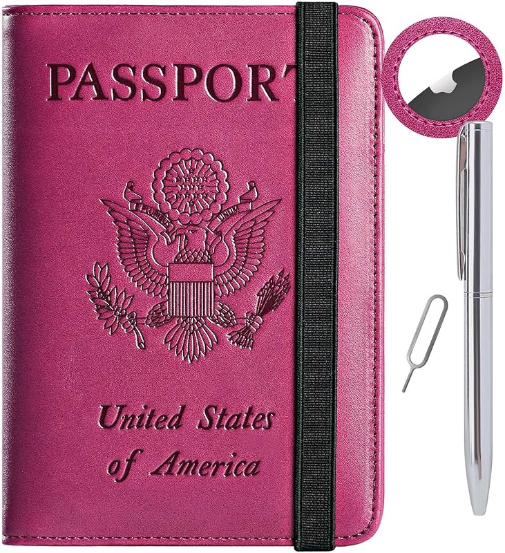 Soporte para pasaporte Airtag, artículos básicos de viaje, funda para pasaporte, billetera RFID | Cartera para pasaporte, accesorios de viaje, bloqueo RFID, tarjetero de cuero sintético, imprescindibles internacionales, para mujeres y hombres