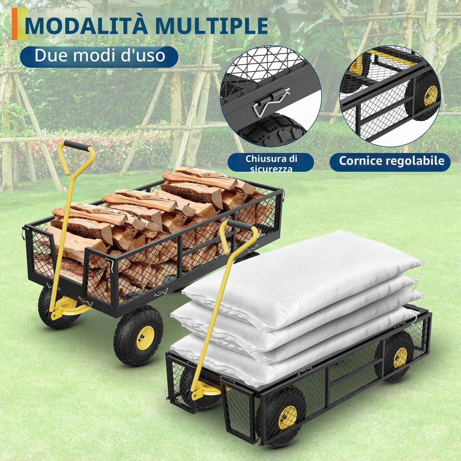 Garvee Carrello Giardino Multiuso Carichi Pesanti Da 900 Libbre – Sponde in Rete Rimovibili, Maniglia Regolabile, Pneumatici 10'', Ideale Per Prato, Campeggio, Fattoria
