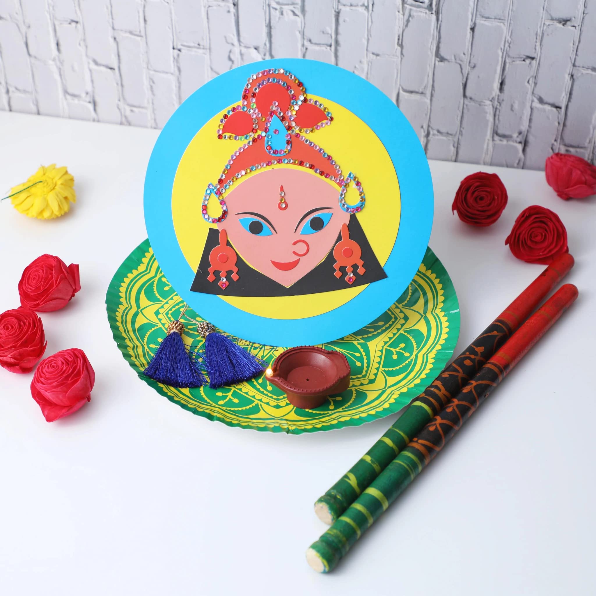 Desi Favors Navratri Festive Kit | Puja Thali Kit | Decorated Gujarati Dandiya Sticks & Diya | Navratri Diwali Gifting | DIY Durga Puja Traditional Indian Craft Kit | 12 Inch (Pack of 1)