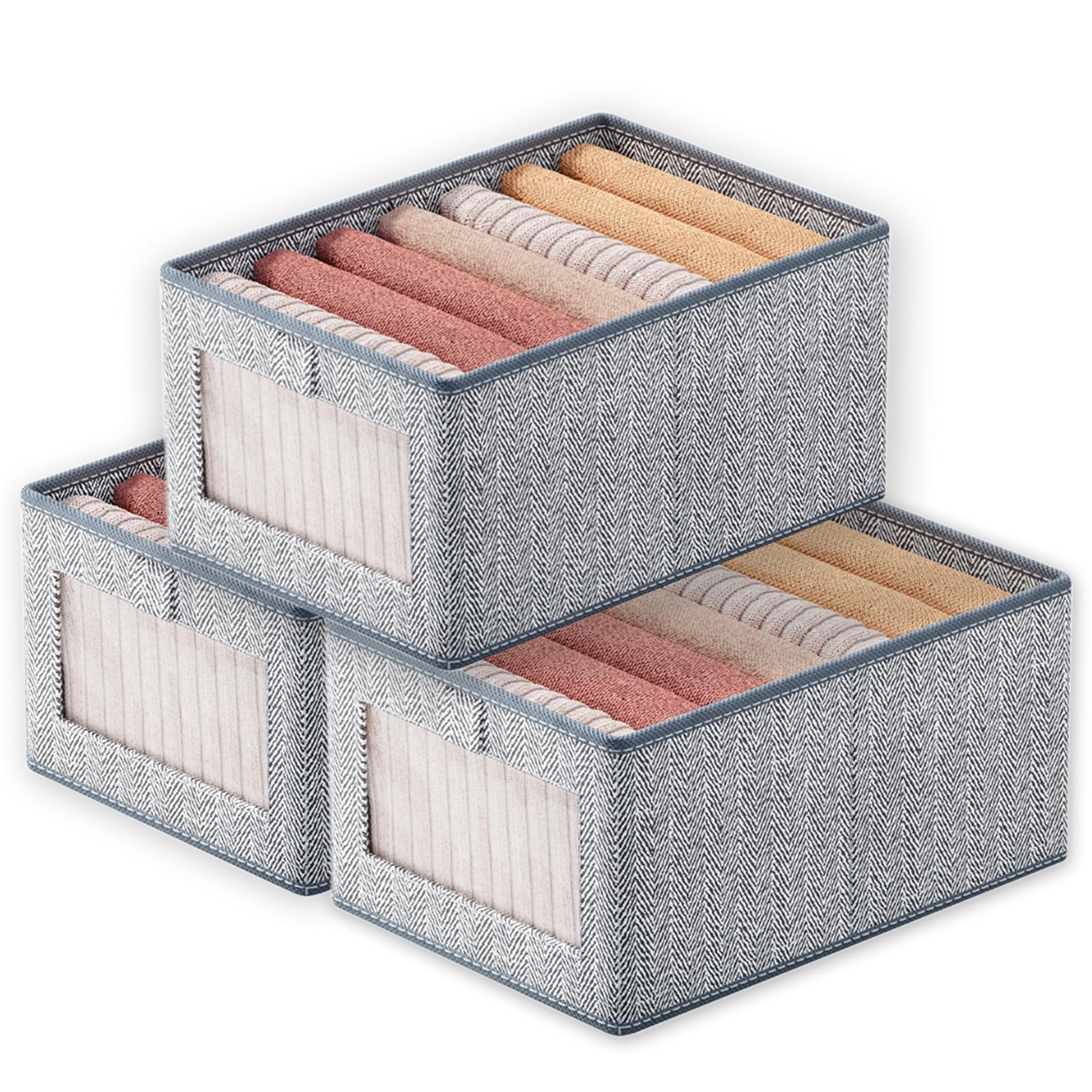 Set of 3 Clothes Storage Boxes, Wardrobe Storage Organiser Fabric Clothes Organiser, Storage Boxes with Clear Window For Jeans Pants Shirts Leggings Sweaters, Medium