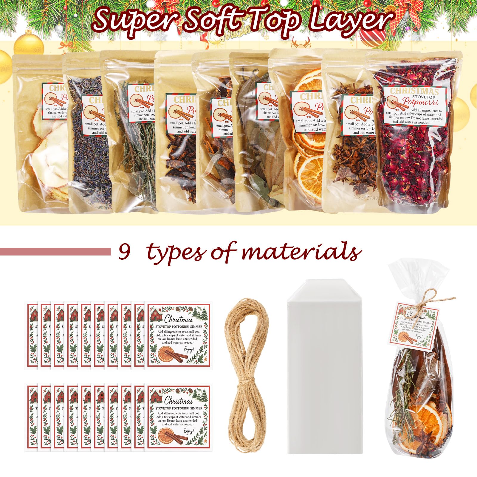 Loopeer Potpourri-Simmer-Set, 465 g, DIY, Weihnachten, Herd, Potpourri mit Karte, transparenter Beutelanhänger, Weihnachtsduft, Winterherd, Duftzutaten für Zuhause, Duft, Einweihungsgeschenk, 9 Stück