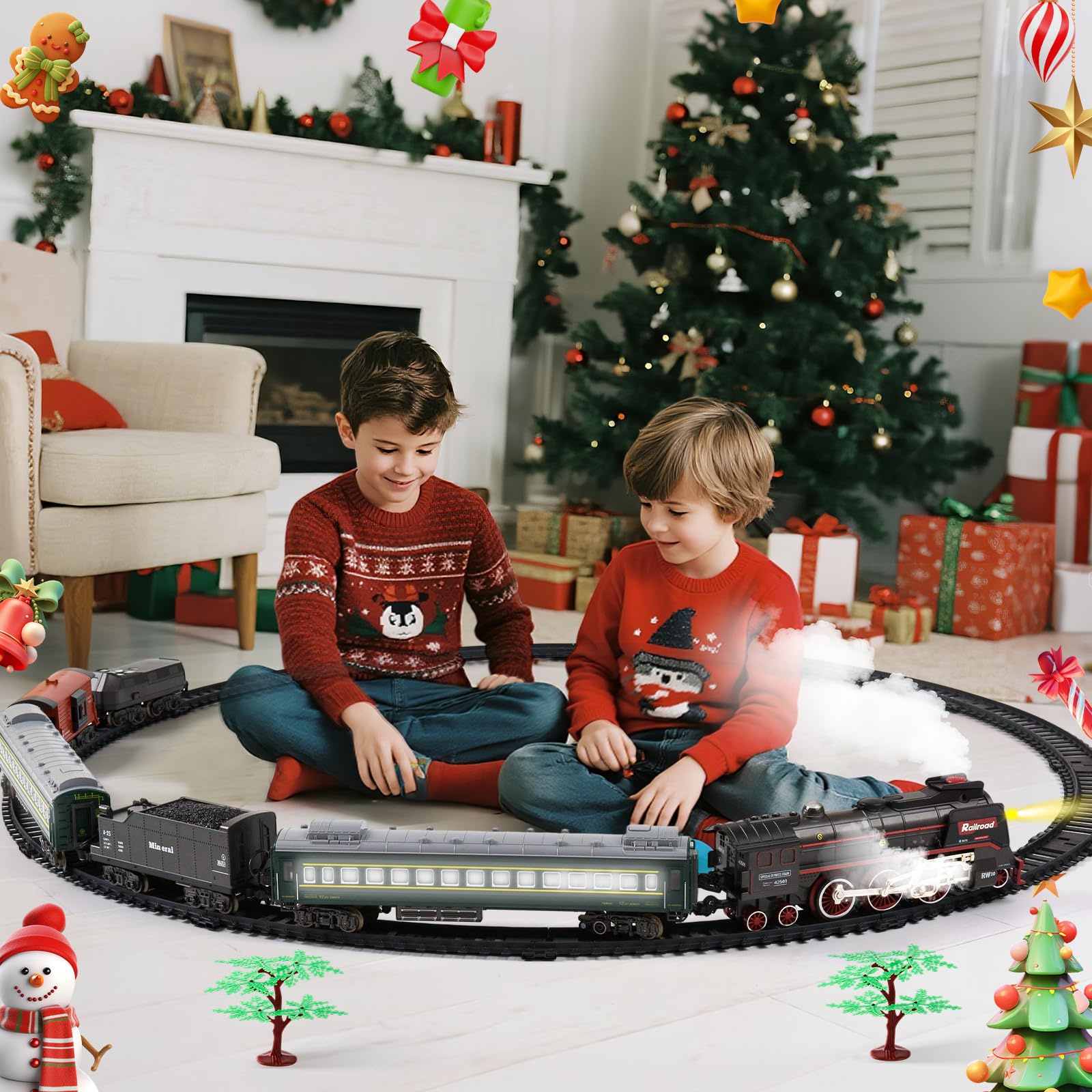 Giocattolo elettrico treno a vapore, giocattolo con rotaie, vapore, luce e suono, treno di Natale elettrico per bambini a partire dai 3 anni, treno di Natale intorno all'albero regalo per