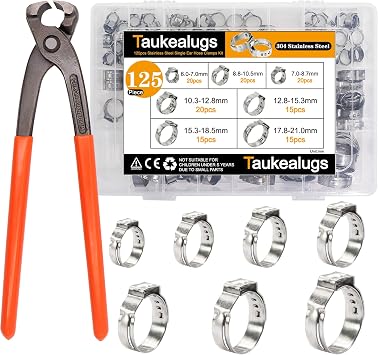 125PCS 7-21mm Single Ear Hose Clamps 304 Stainless Steel Wire Tube Pipe Fuel Line Clip Assortment kit with Ear Clamp Pincer