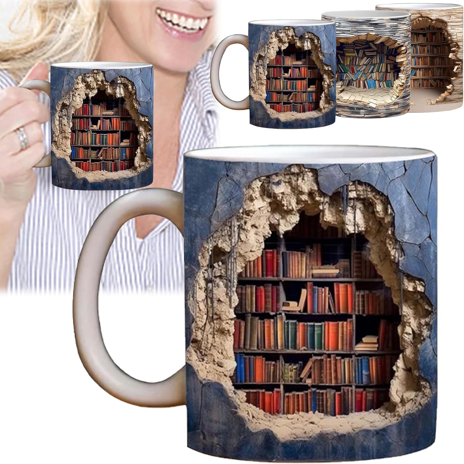 3D Bookshelf Mug A Library Shelf Cup, 3D Bookshelf Coffee Mug, 3D