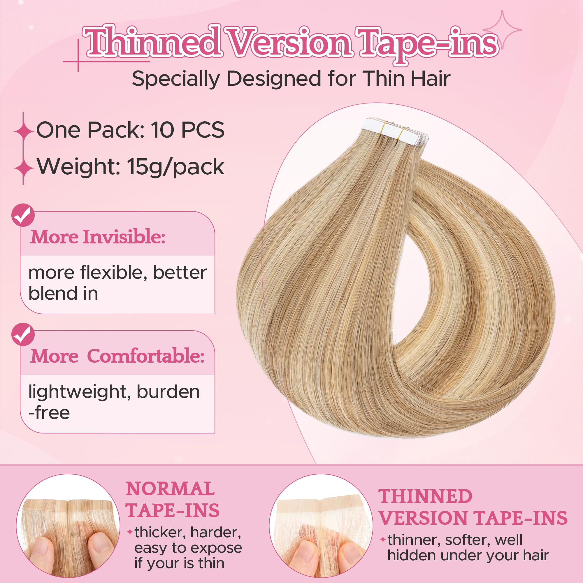 SEGO Pro Tape in Hair Extensions Real Human Hair 16 Inch 10 Pcs 15g Invisible Seamless Straight Tape Extensions for Women #12P613 Golden Brown with Bleach Blonde Highlights - Image 2