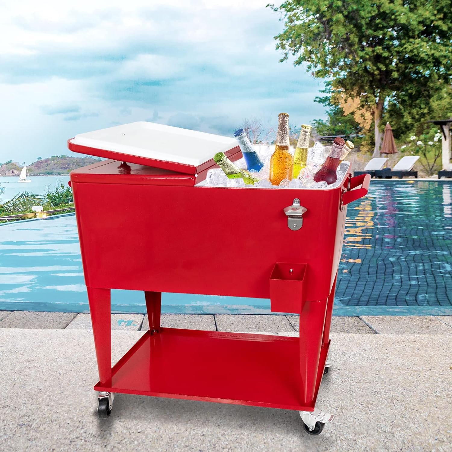 Nattork 80 Quart Rolling Cooler Cart,Portable Wicker Cooler Trolley for