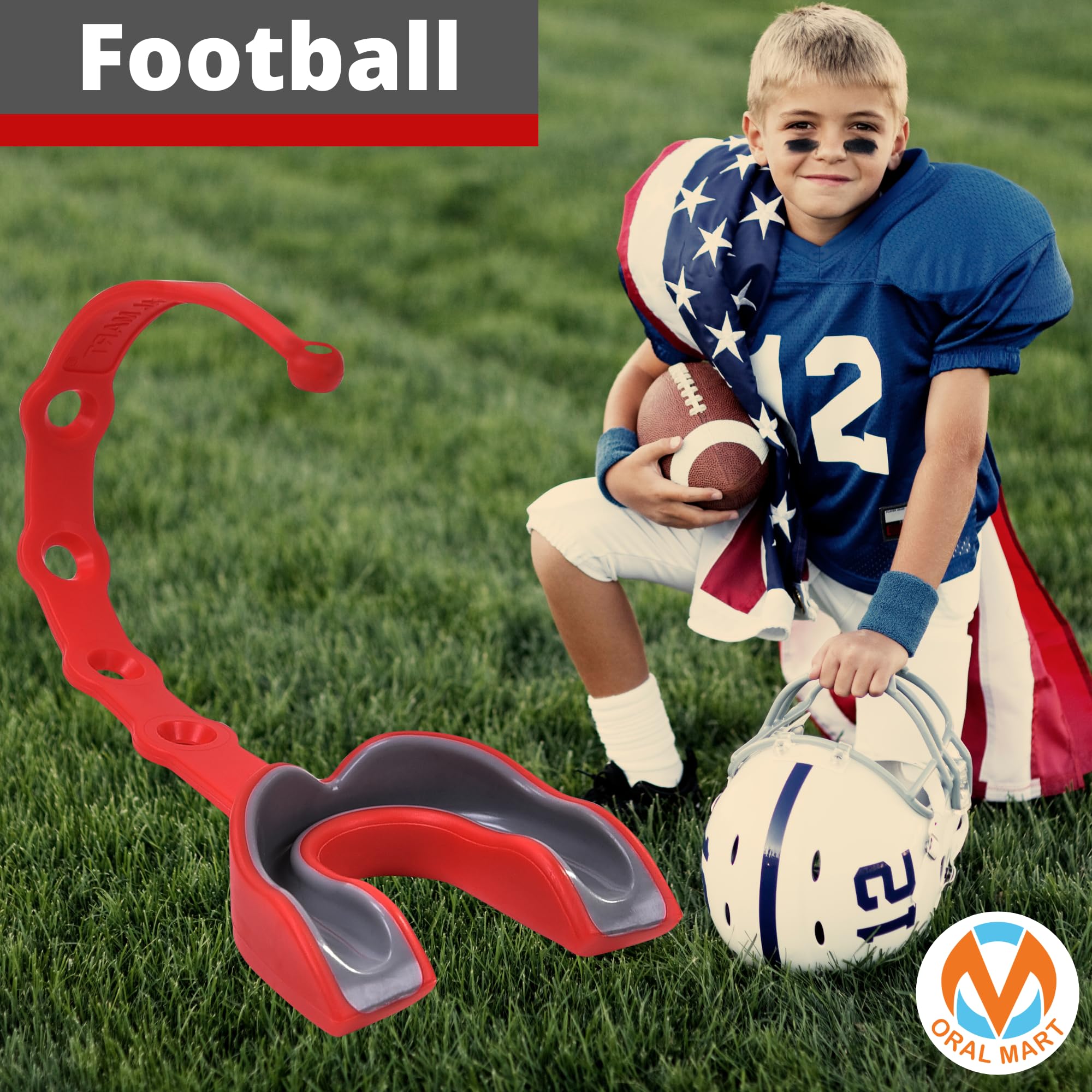 Oral Mart Jugend-Mundschutz für Kinder, mit Riemen, Rot / Grau, Sport-Mundschutz mit verbundenem Gurt für Fußball, Eishockey, Lacrosse, Taekwondo