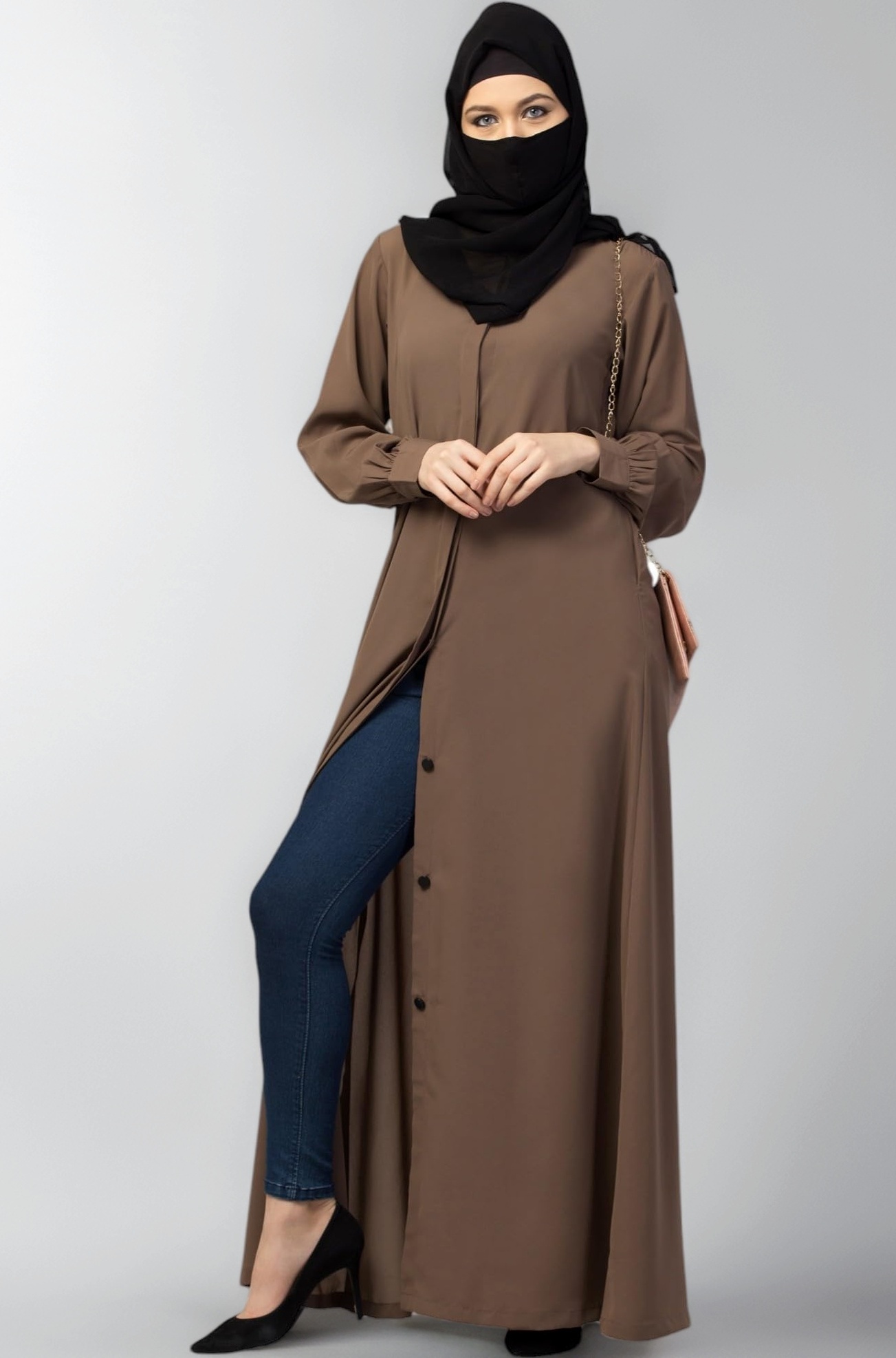 Front Open Abaya with Cuff & Placket In Firdaus Fabric| Free Size CHEST 44''- LENGTH 56 | Comes With Stole Hijab-khaki