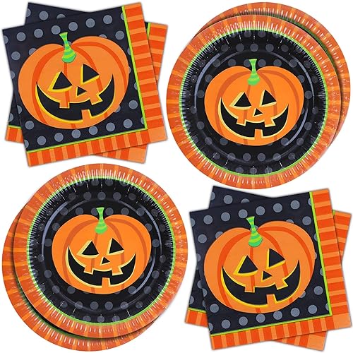Platos de papel para fiesta de Halloween, servilletas de papel, 40 piezas de calabaza sonriente para fiesta, decoración de mesa, suministros disponible en Yaxa Peru