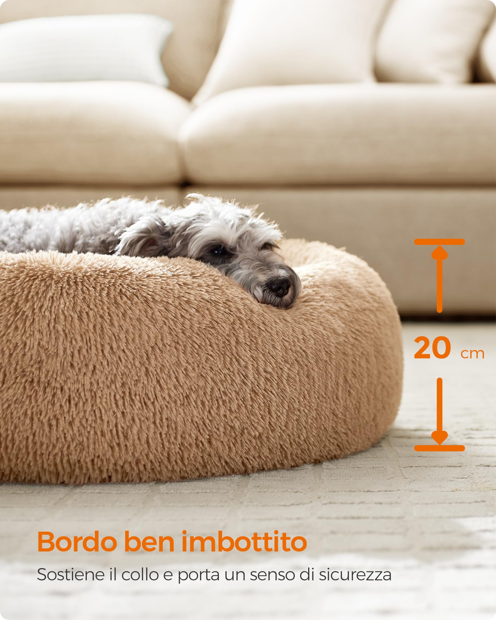 Feandrea Cuccia Cane Interno, Cuccia per Cani, Lettino per Animali Domestici a Ciambella, Cuscino Sfoderabile e Lavabile, Tappeto di Peluche, Diametro 70 cm, Marrone Cammello PGW039K01