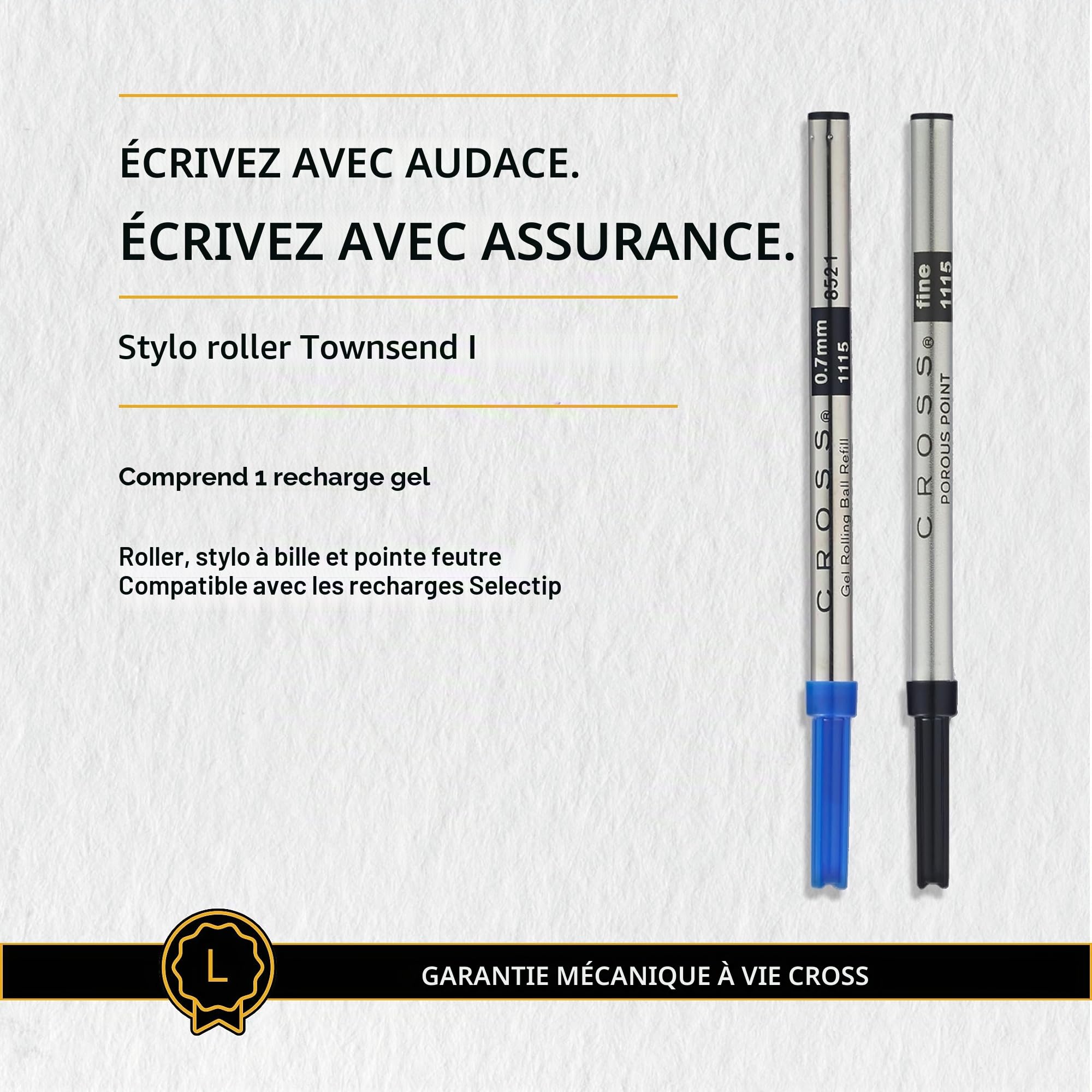CROSS Townsend chrome poli - Roller noir convertible / stylo rechargeable - Écrin de luxe et recharge roller noire incluse