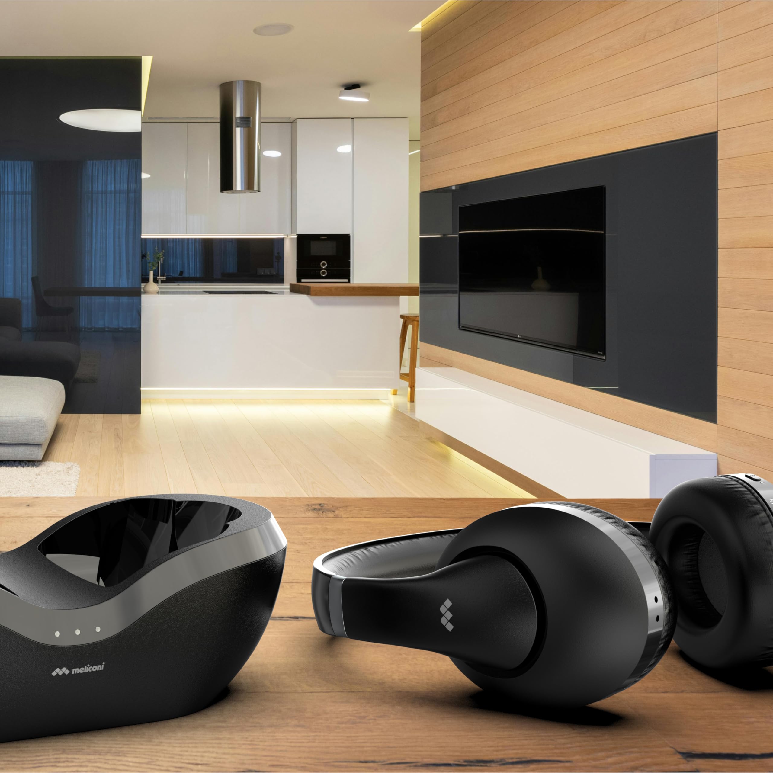 Meliconi Flash Base, Cuffie Tv Wireless Bluetooth 5.3 e 75hr di Autonomia | Cancellazione Rumore, con Base di Ricarica, Multipoint Connection, Portata 10 mt, Utilizzabili Anche con Cavo AUX