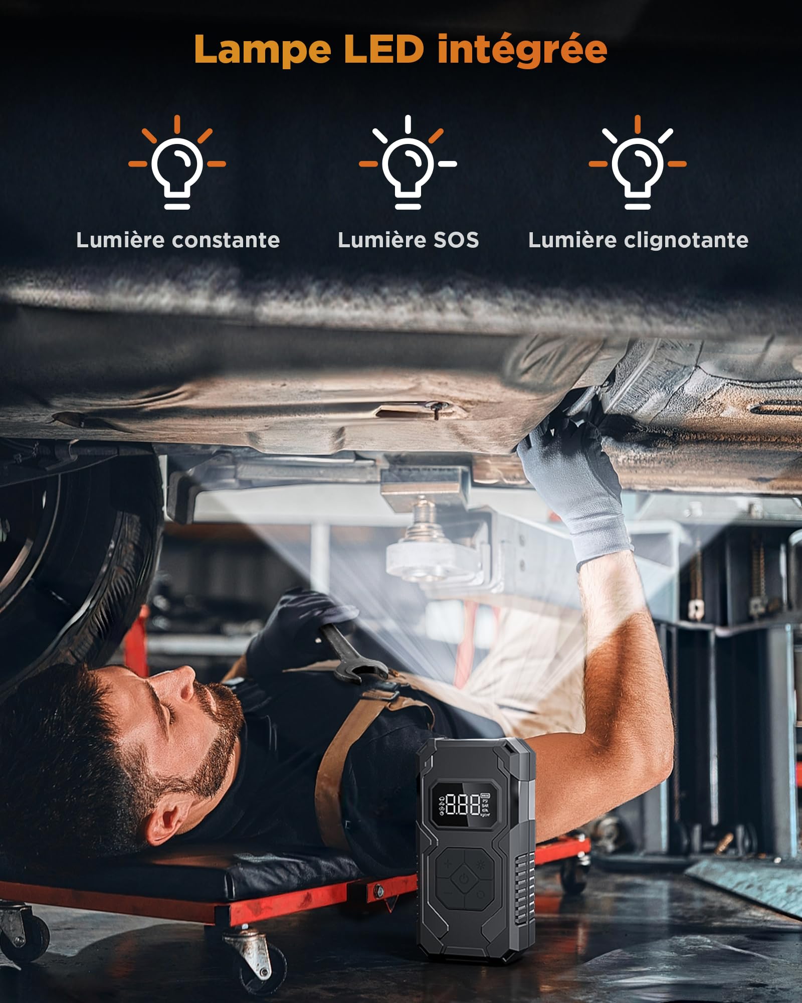 Gonfleur Pneus Voiture, Compresseur à Air Portatif sans Fil, 150 PSI (10,3 Bar), Pompe À Velo Électrique, Arrêt Automatique, LED, avec Tuyau de 60 cm, Noir