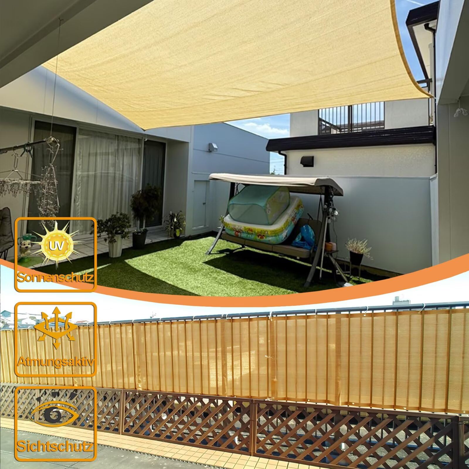 Sonnenschutz Balkon 150x250cm, Balcony Fence Wasserdurchlässig Zaun Sichtschutz mit Kabelbinder und Seil für Zaun Pavillon Balkongeländer - Beige