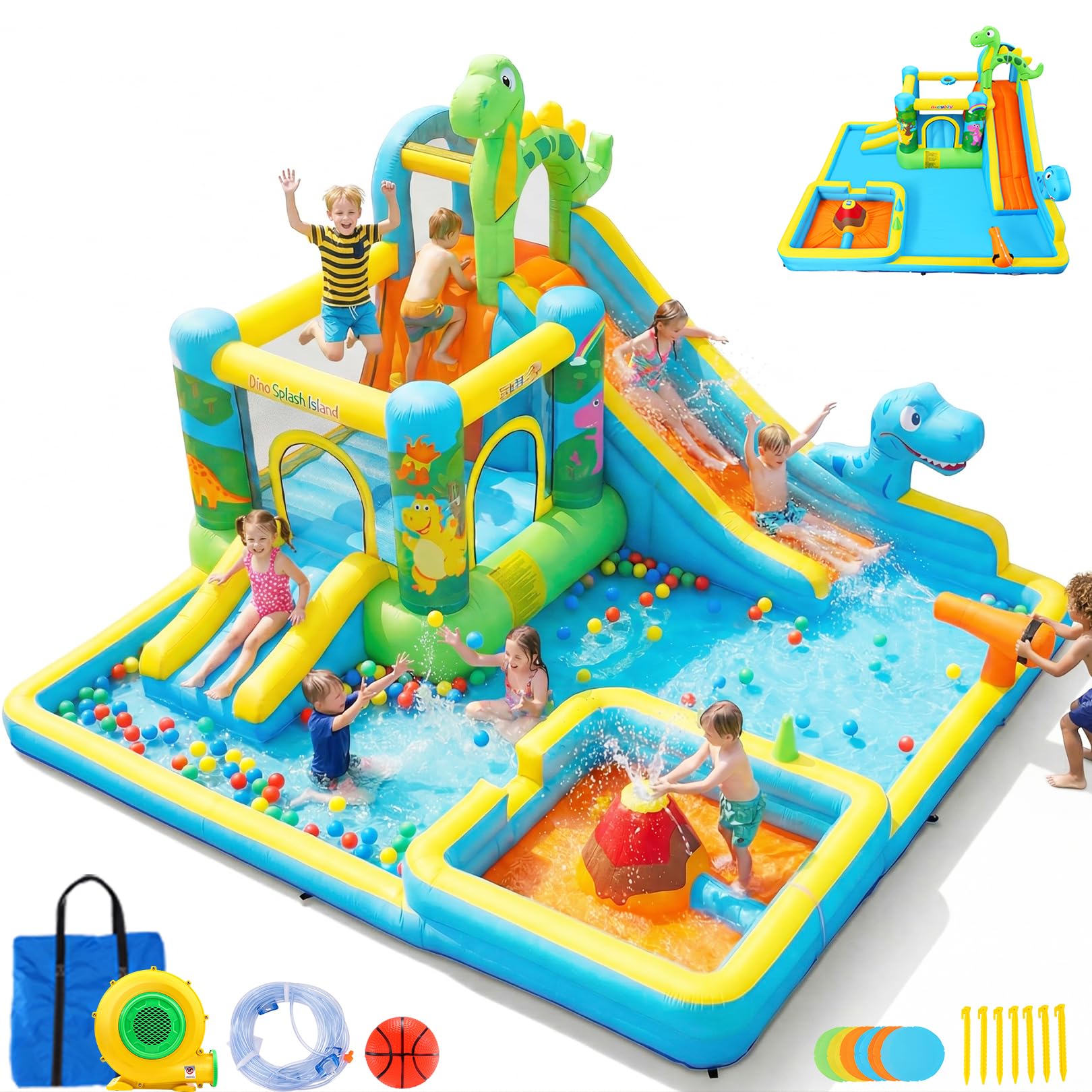 AKEYDIY Große Wasserrutsche für Kinder im Alter von 3–12 Mädchen/Jungen, Dinosaurier-Thema, aufblasbares Hüpfhaus, 550 W Gebläse, Lange und Kurze Rutschen, Planschbecken für Kinder, Sommer