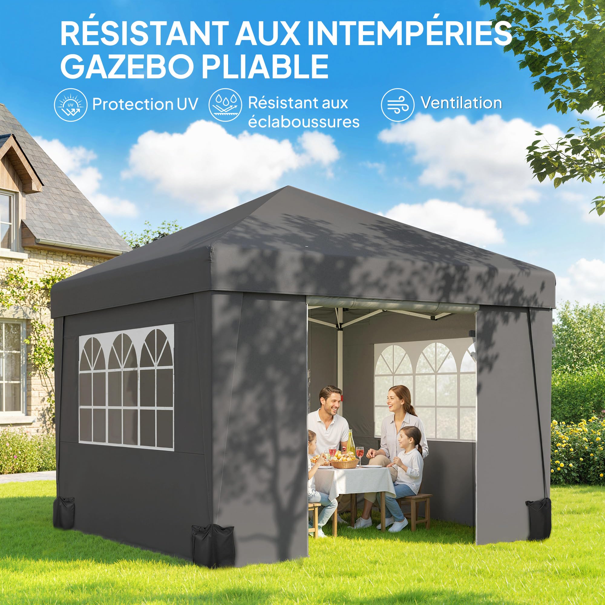 Outsunny Tonnelle de Jardin Pop-Up Pliante Anti-UV 30 + 3 x 3 m Gris Foncé | Tonnelle Barnum, Tente de Réception, avec Fenêtres, Parois Latérales, Sac de Transport, Sacs de Sable