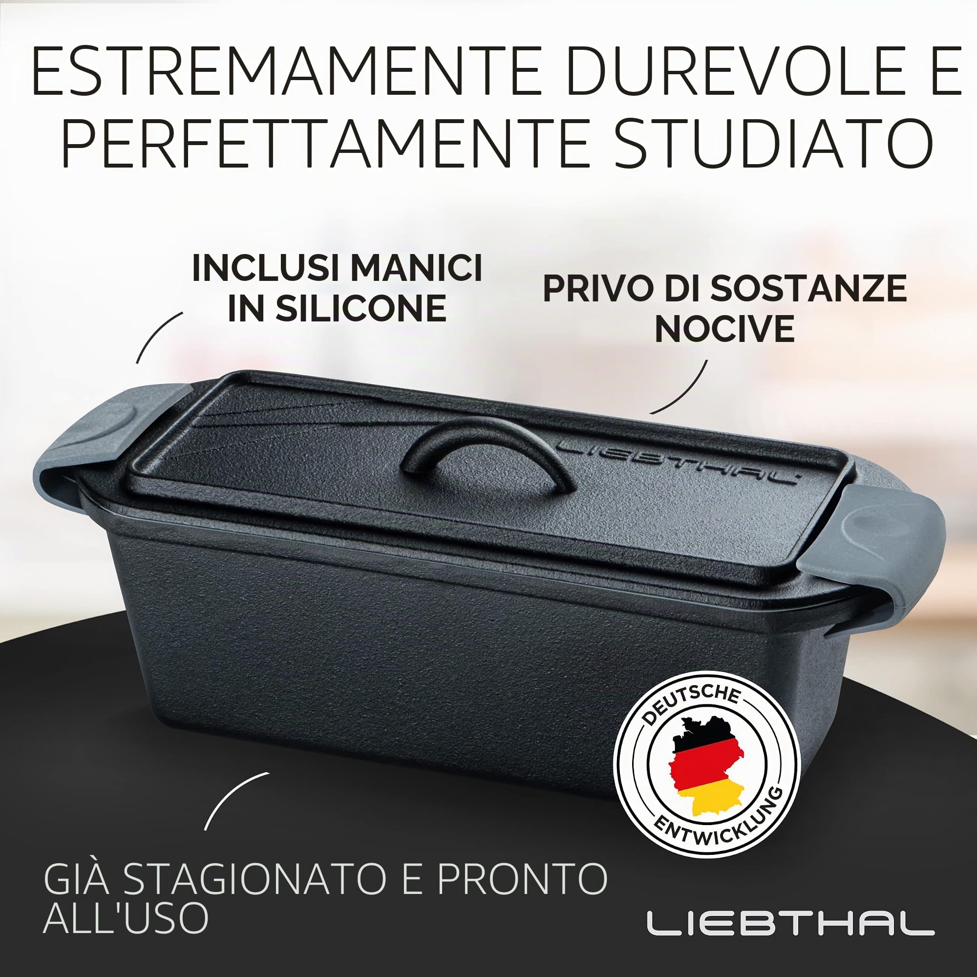 LIEBTHAL Stampo per pane con coperchio, inserto in silicone antiaderente perfetto, pentola in ghisa pre-stagionata, 3,5 l, stampo per pane per arrostire, cuocere e brasare