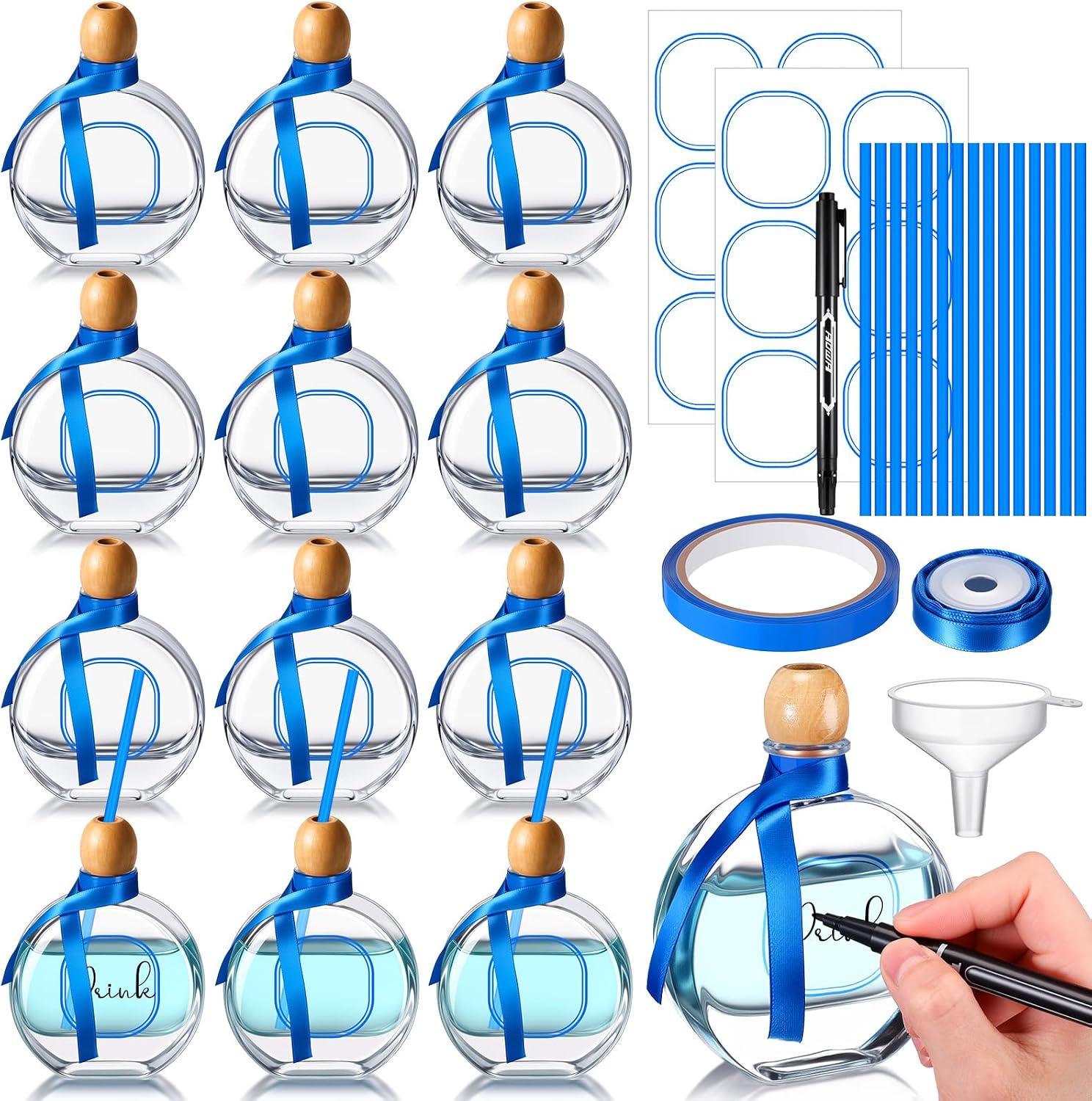 Baderke 12 Pcs 3.4 oz/ 100 ml Don Julio Tequila Bottles with Cork and Straw Mini Empty Flat Patron Bottles Reusable Tiny Liquor Jar Shot Glass with Blue Silk Ribbon for Wedding Party Decoration