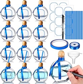 Baderke 12 Pcs 3.4 oz/ 100 ml Don Julio Tequila Bottles with Cork and Straw Mini Empty Flat Patron Bottles Reusable Tiny Liquor Jar Shot Glass with Blue Silk Ribbon for Wedding Party Decoration