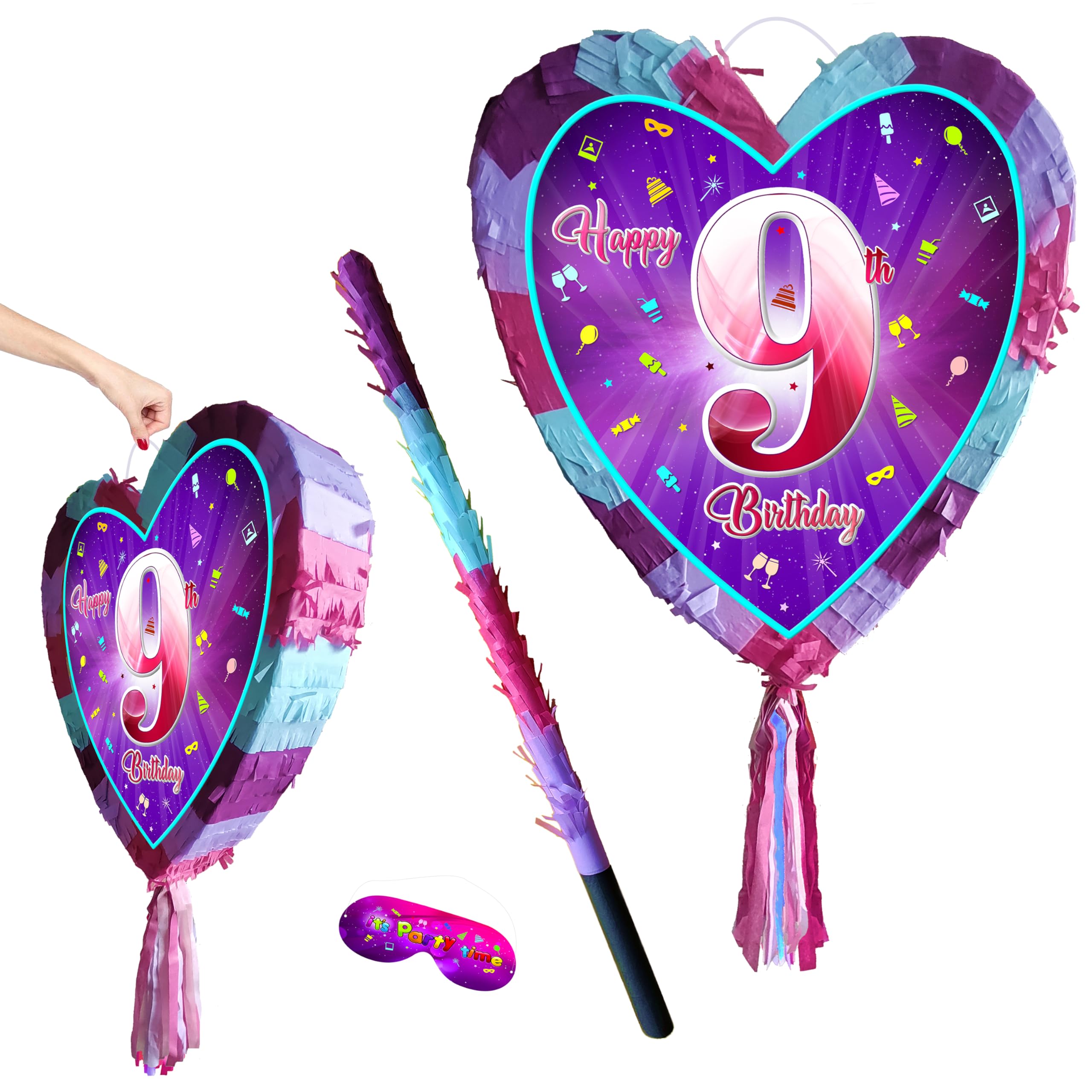 9th birthday pinata with stick - Girls Nine party smashing game - Big 41cm x 38cm, Pink, Purple, Sky Blue