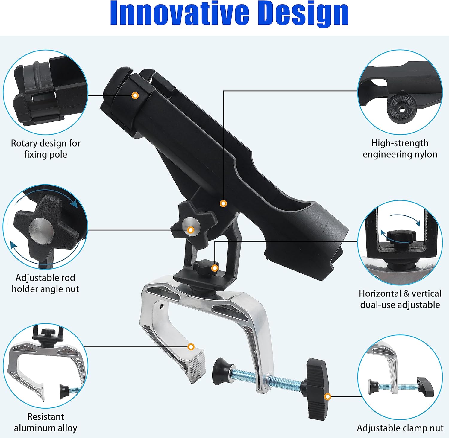 Fishing Boat Rods Holder 360 Degree Rotation Adjustable Power Lock Fishing Rod Racks Folding Holder with Large Clamp Opening
