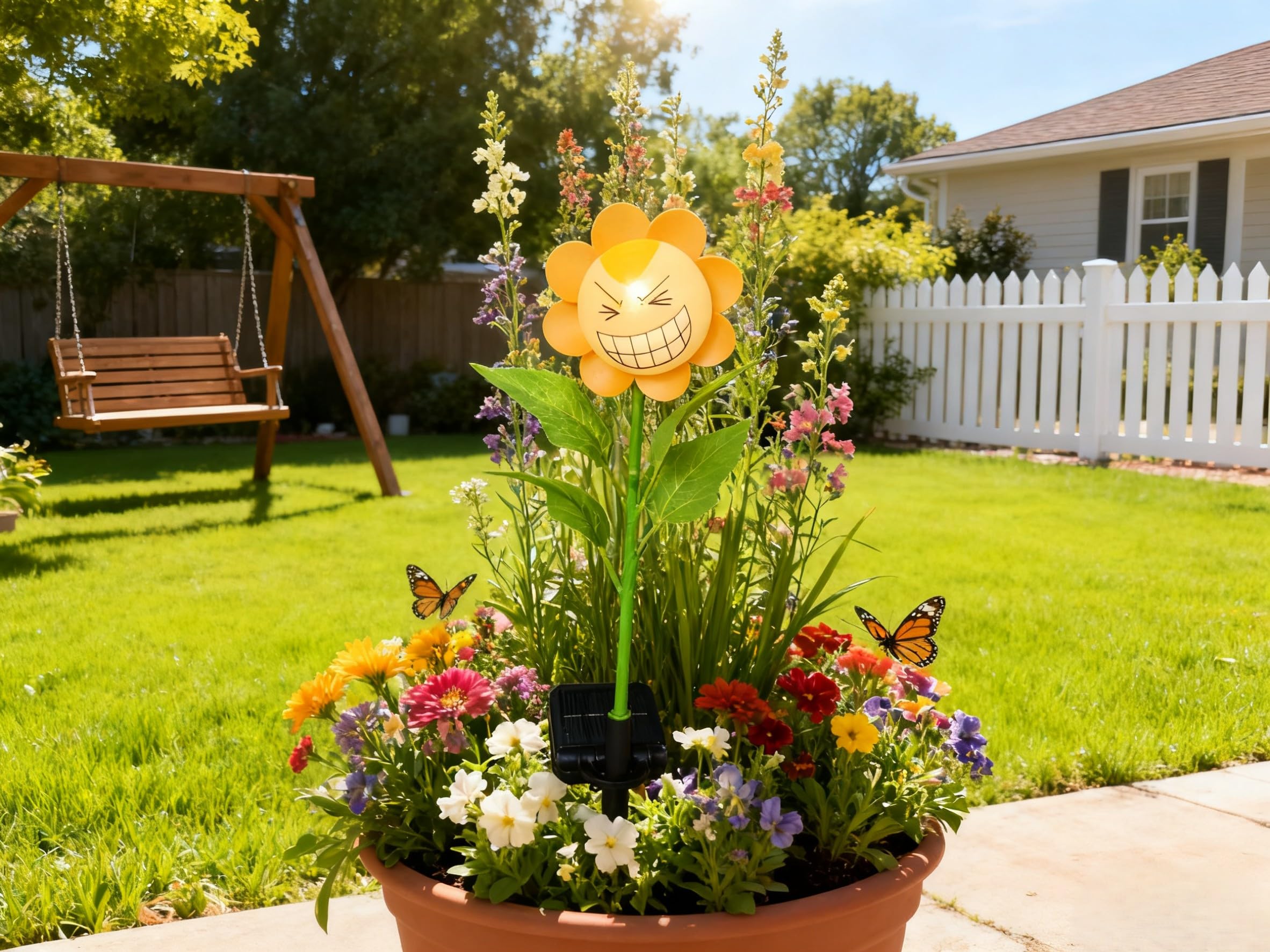 Personified Bobble Face Wind Spinners Sunflower Solar Light Outdoor with Funny Smiling Eyes Face - Garden Decor Waterproof