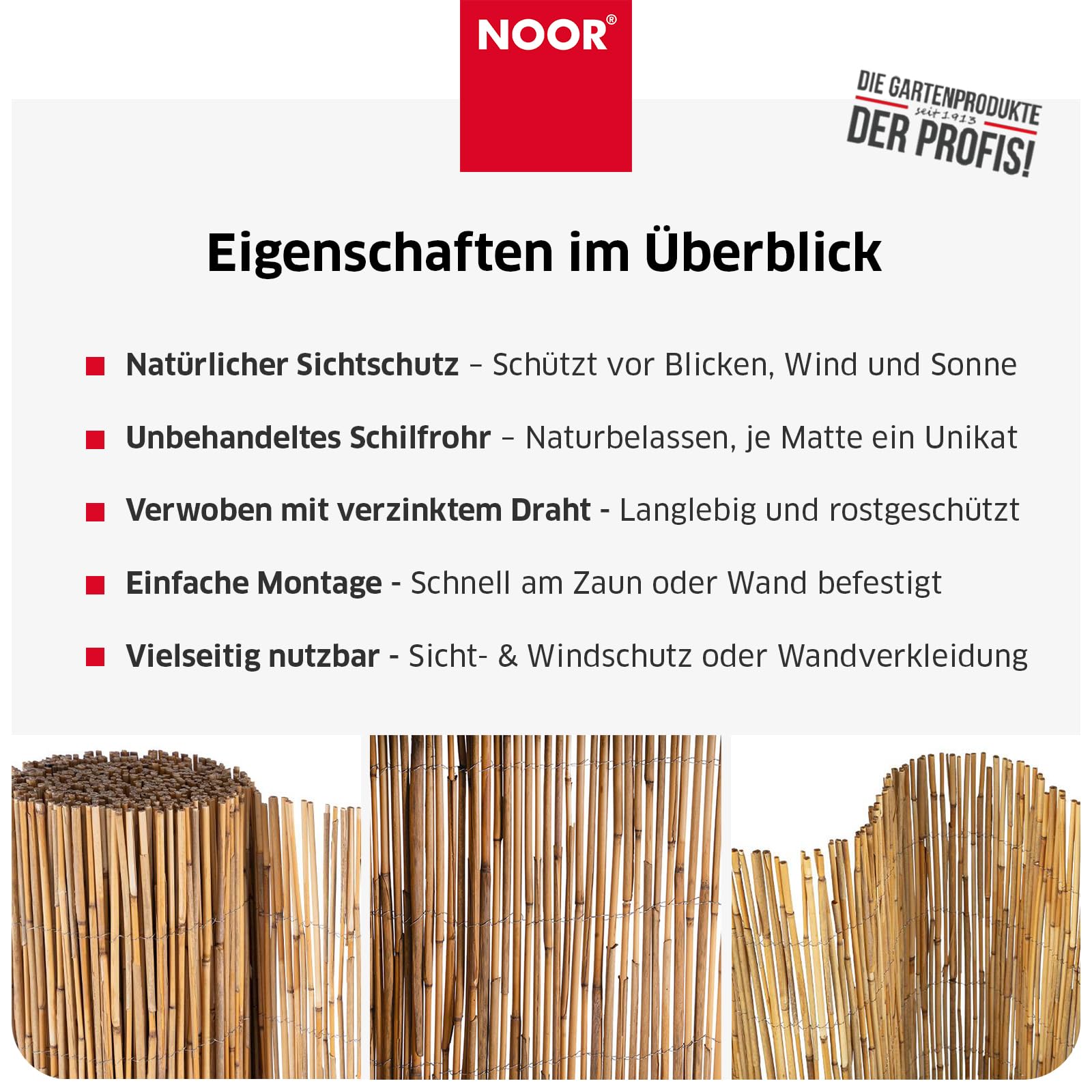NOOR Schilfrohrmatte NIZZA - Sichtschutzmatte Schilfzaun - Natur 2,0x6,0 m | Natürlicher Sicht- & Windschutz aus Schilfrohr für Garten, Terrasse & Balkon - Zaunblende verwebt mit verzinktem Draht