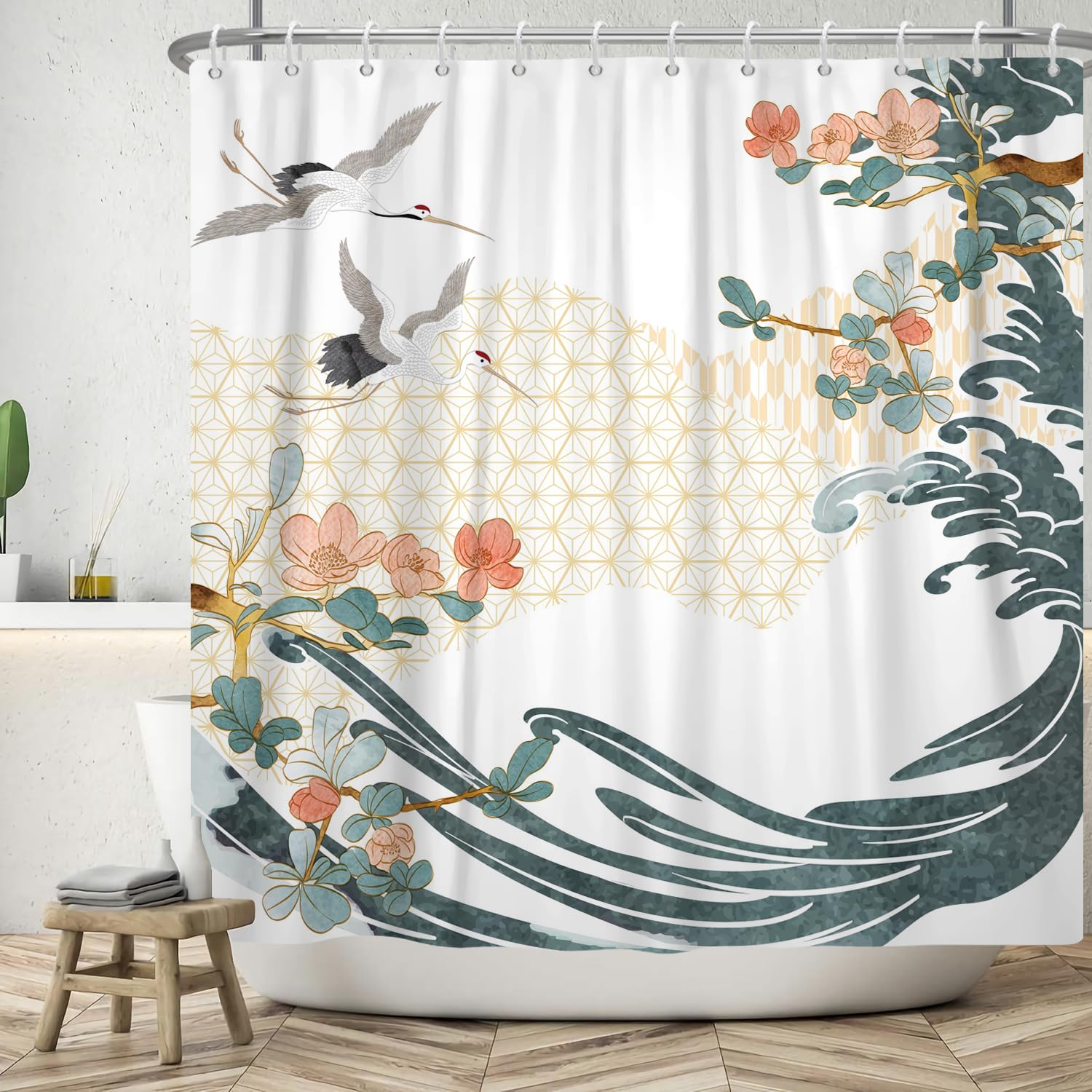 Rideau de douche imperméable motif asiatique fleur de prunier textile lavable pour baignoire