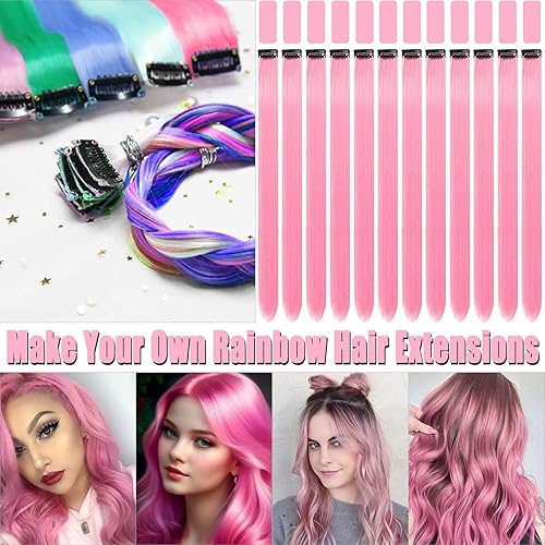 Miniatura 2 de 22 extensiones de cabello rosa con clip, extensiones sintéticas de neón de colores para fiestas, accesorios de cabello arcoíris para niñas, mujeres