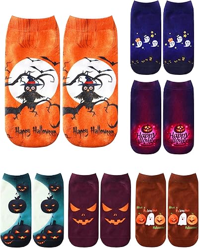 Boao 6 calcetines de Navidad con estampado 3D, cortos, casuales, divertidos, para Halloween, calabaza, gato, calcetines tobilleros