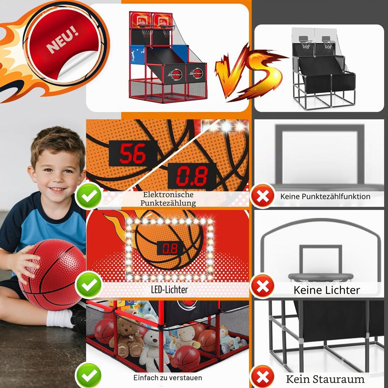 Arcade Toy Basketball Spielset für Kinder mit Punktetabelle – Elektronisches Basketballkorb für Kinder Sport-Spielzeug für drinnen und draußen, Geschenk für Mädchen Jungen 3 4 5 6 7 Jahre (Rot)