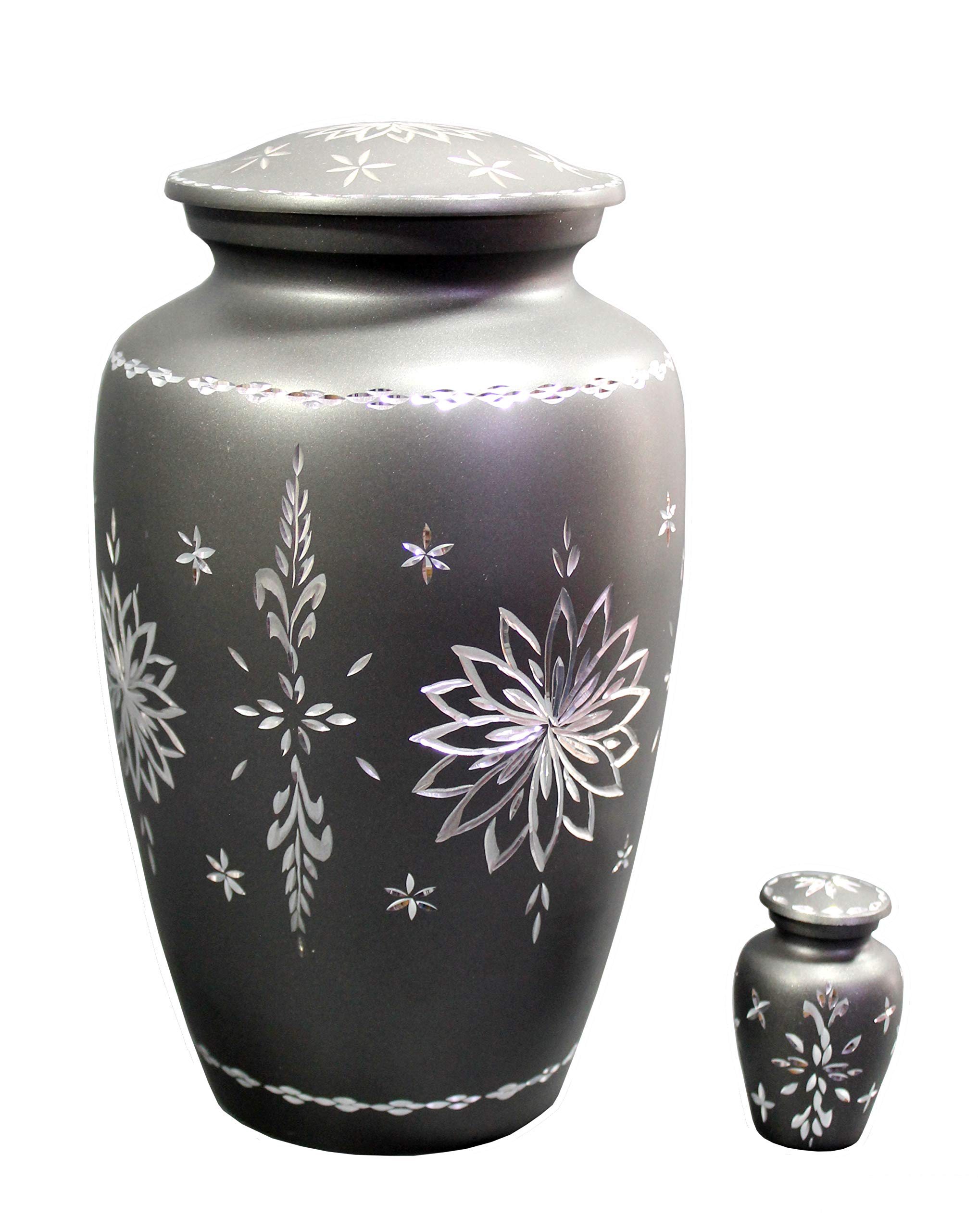 eSplanade Metal Cremation Urn Memorial Jar Pot Container with Keepsake | Full Size Carved Urn for Funeral Ashes Burial | Metal Urns | Grey - 10" Inches