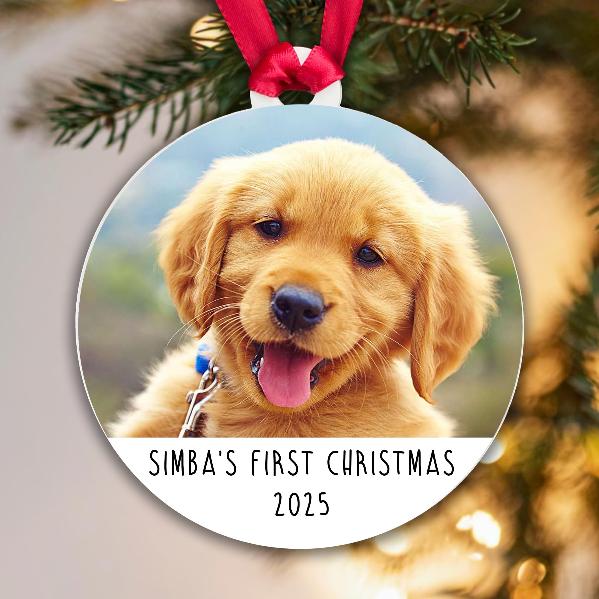 My Pretty Little Gifts White Personalised Dog's First Christmas Photo Bauble, Puppy Dog Or Pet Xmas Tree Decoration