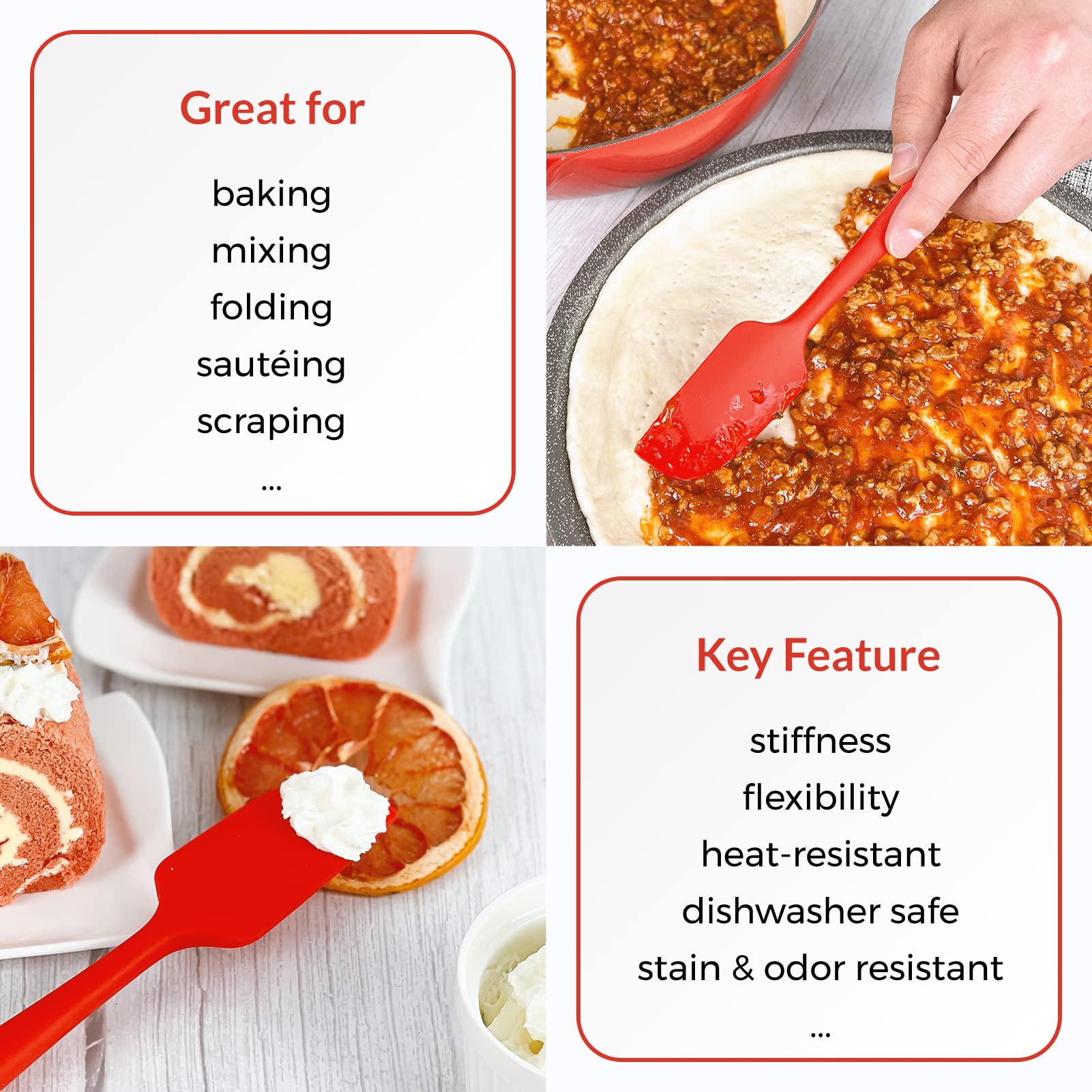Elihome Chef Series 3-teiliges Silikon-Spatel-Set, hitzebeständig, antihaftbeschichtet, Gummi, zum Kochen, Backen und Mischen, BPA-frei und LFGB-zertifiziertes Silikon (rot)