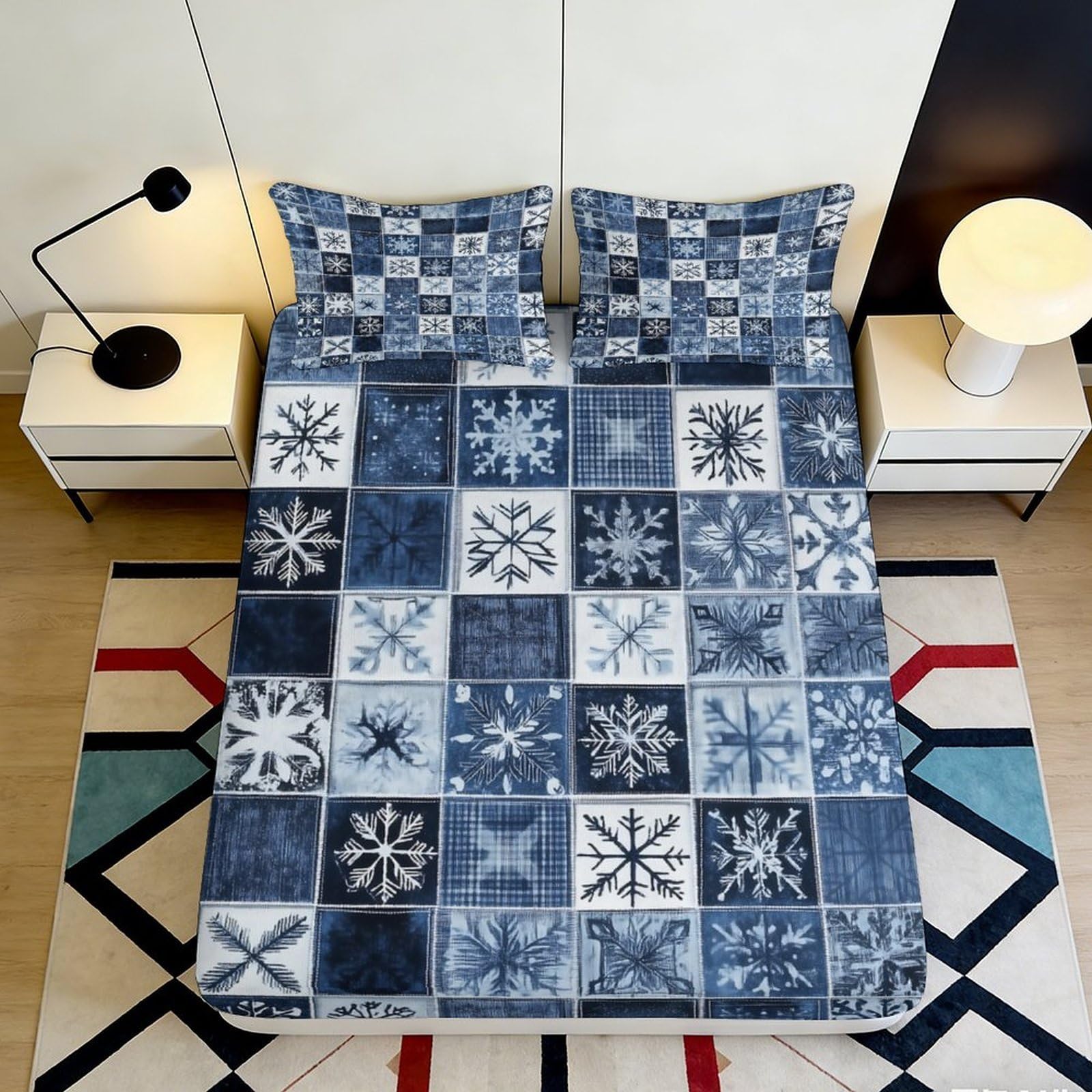 Jqzkxnhpbr Style-1 3D Printed Nordic Snowflake Fitted Sheet Microfiber Soft Blue Geometric Mattress Cover For Bedroom Guestroom Decor 90X200x25cm