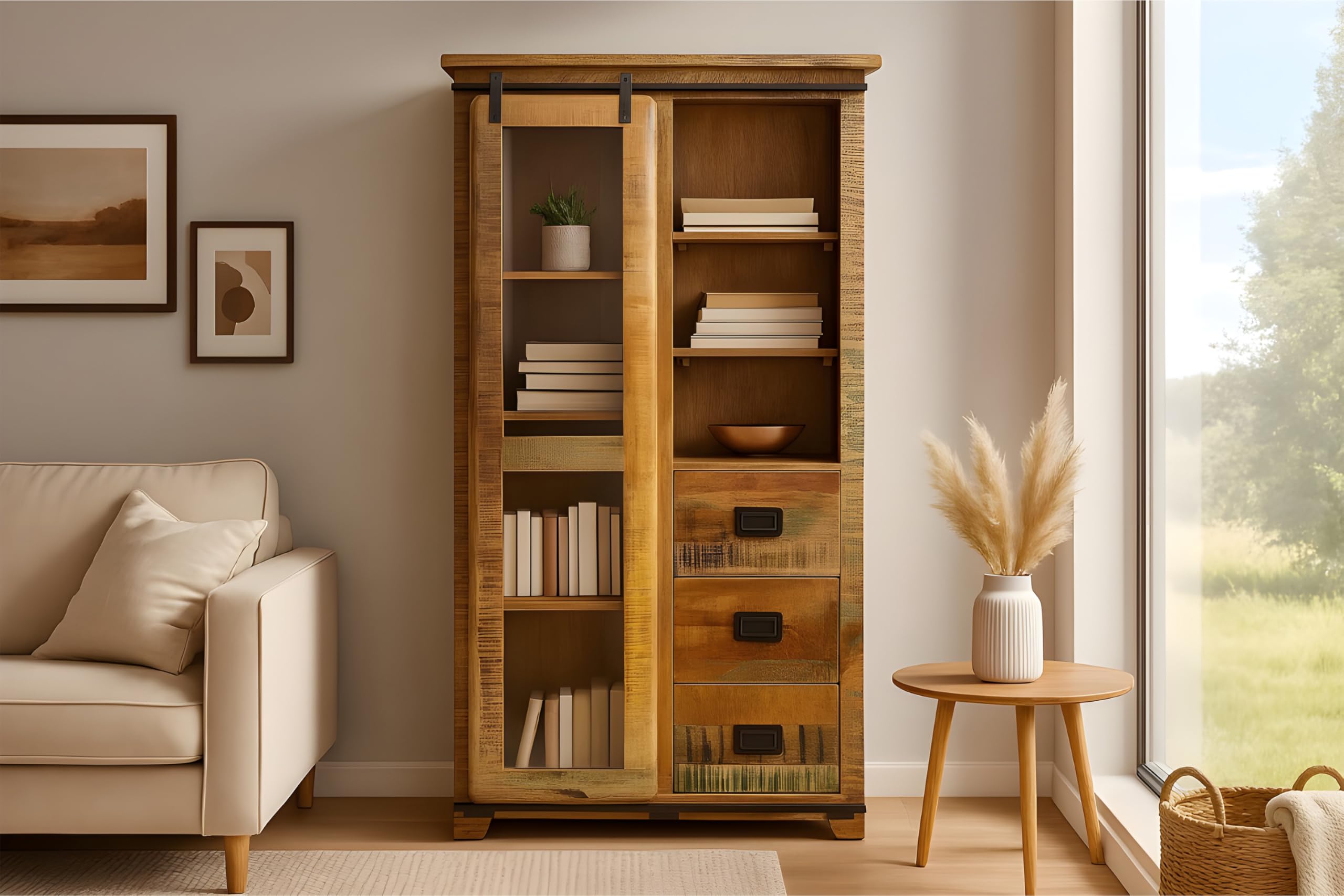 SAM Vitrine Libro, Mangoholz massiv + bunt, Glasvitrine mit Einer Glasschiebetür, 3 Schubladen & 7 offenen Fächern, Türelemente & Reling aus Eisen, 100 x 175 x 43 cm, Shabby Chic
