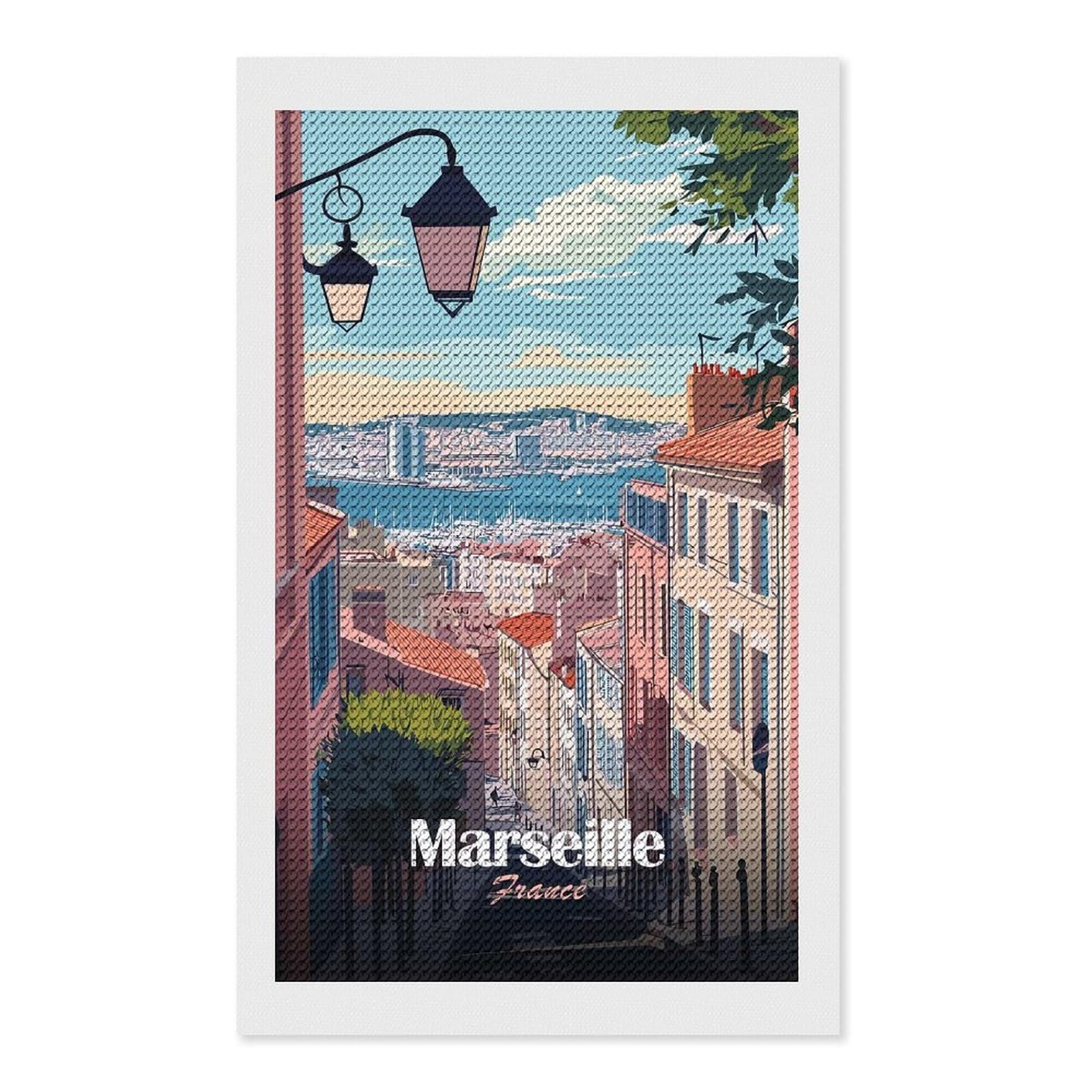 Junmoney Marseille France Cityscape Travel Diamond Painting Canvas Set 12"x20", Easy to Enjoy, Adhesive Canvas, Office Decor, Holiday Gift Idea, with Tool Kit