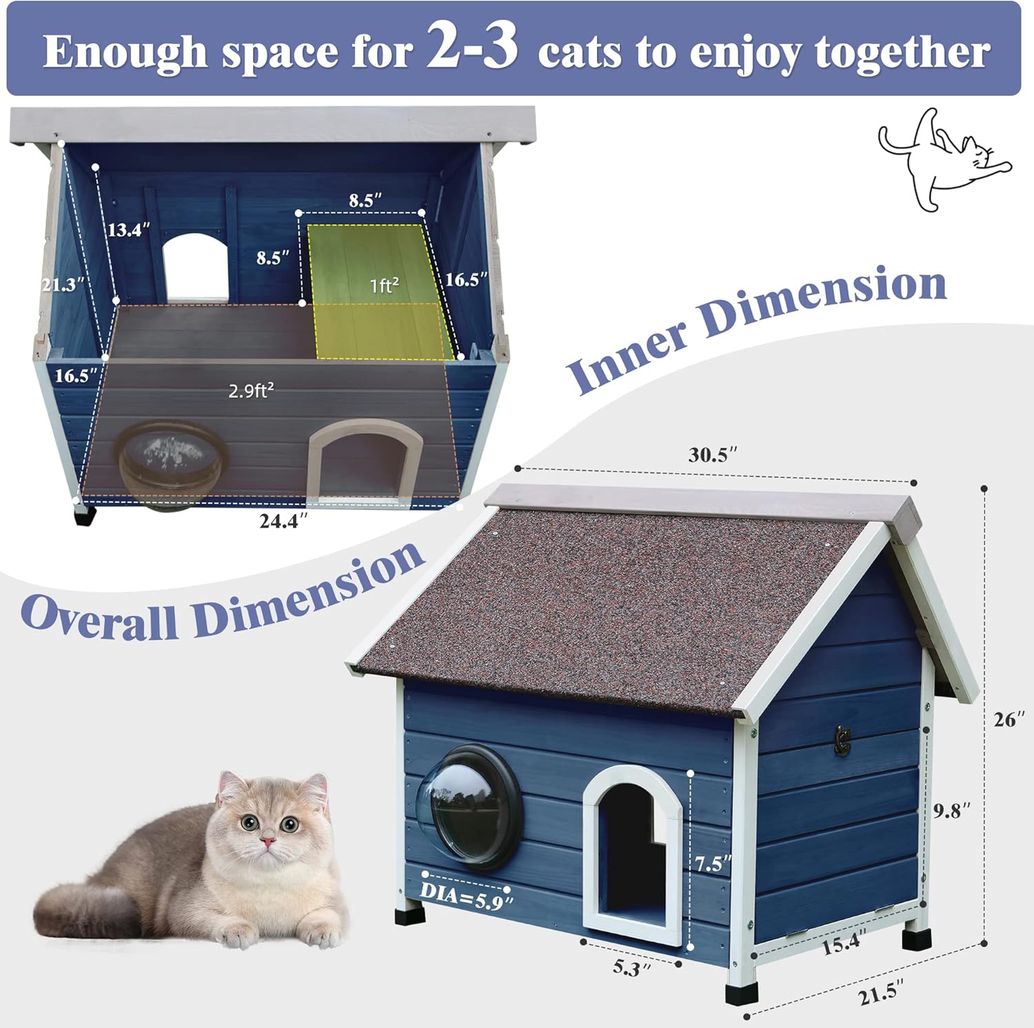 Deblue Weatherproof Cat House for Feral Cats, Cat House for Outdoor Cats, Unique Wooden Outside Cat Shelter with Escape Door, Clear Window and Attic-Blue