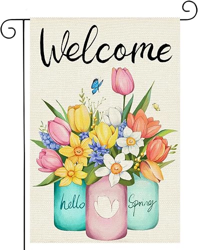 Bandera de jardín floral de bienvenida de 12 x 18 pulgadas, vertical, de doble cara, flores coloridas, vacaciones, granja, decoración exterior,