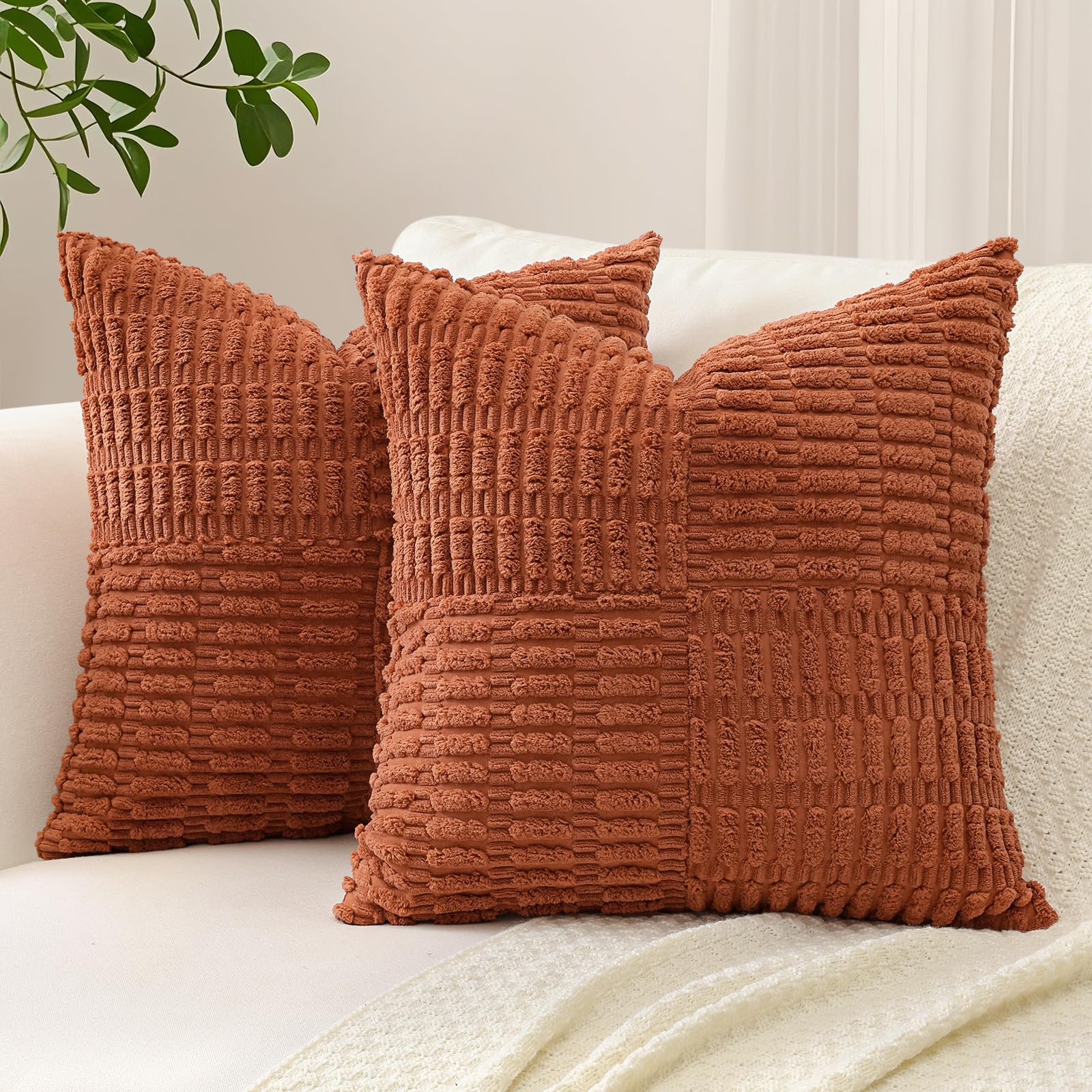 Sungeek Set of 2 Decorative Cushion Covers 50 x 50cm Soft Corduroy Striped Cross Patchwork Textured Pillow Cases Boho Farmhouse Square Throw Pillow Covers for Sofa Bed Patio 20x20 Inch, Rust