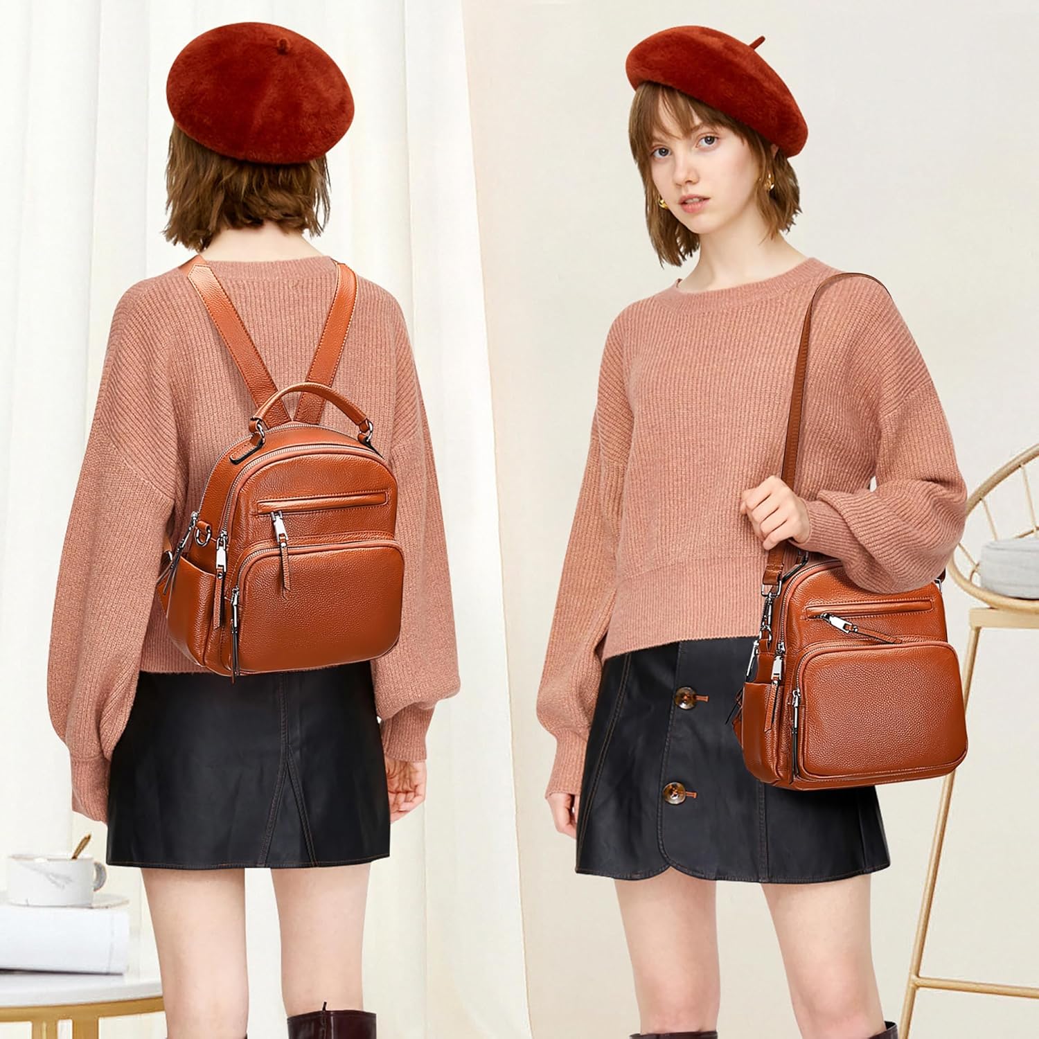 ALTOSY Genuine Leather Backpack for Women Small Convertible Backpack Purse Ladies Shoulder Bag 4 in 1 to Carry - Image 3