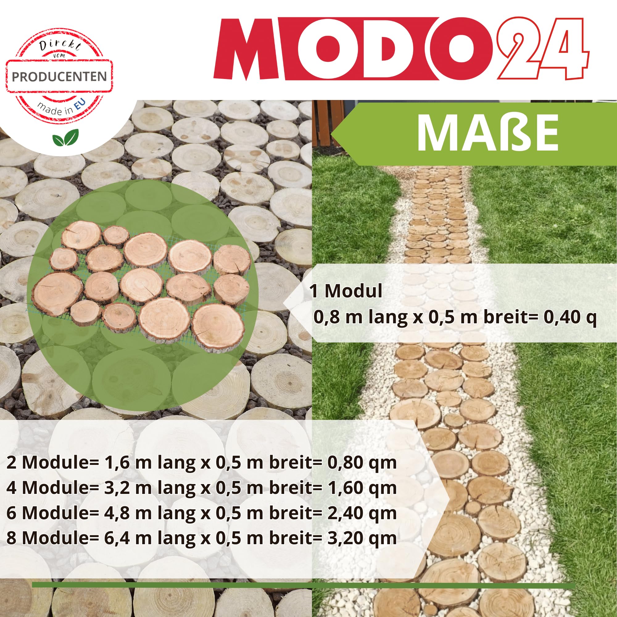 Gartenweg aus Holz, 1 Modul, Gehwegplatte, Gehweg aus Eichescheiben, Gehplatten, Holzscheiben, Holzplatten, Gartenplatten, Beetplatten, Weg Holzpfad, FSC-Holz, Modulmaß 80x50x3 cm