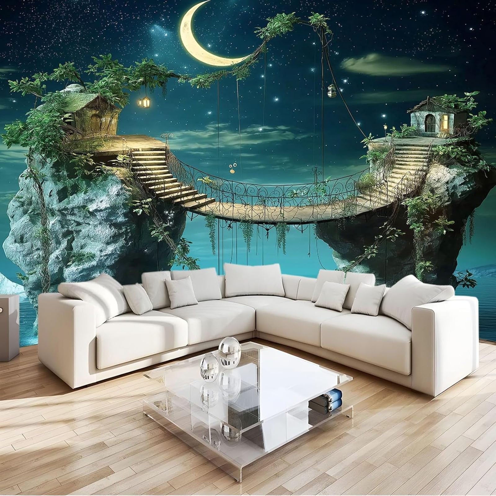 hgjdjhnf 3D Effect Photo Wallpaper Starry Sky Bridge Living Room Bedroom Art Wallpaper UV-Resistant Wall Decoration Wallpaper, 350cm x 256cm