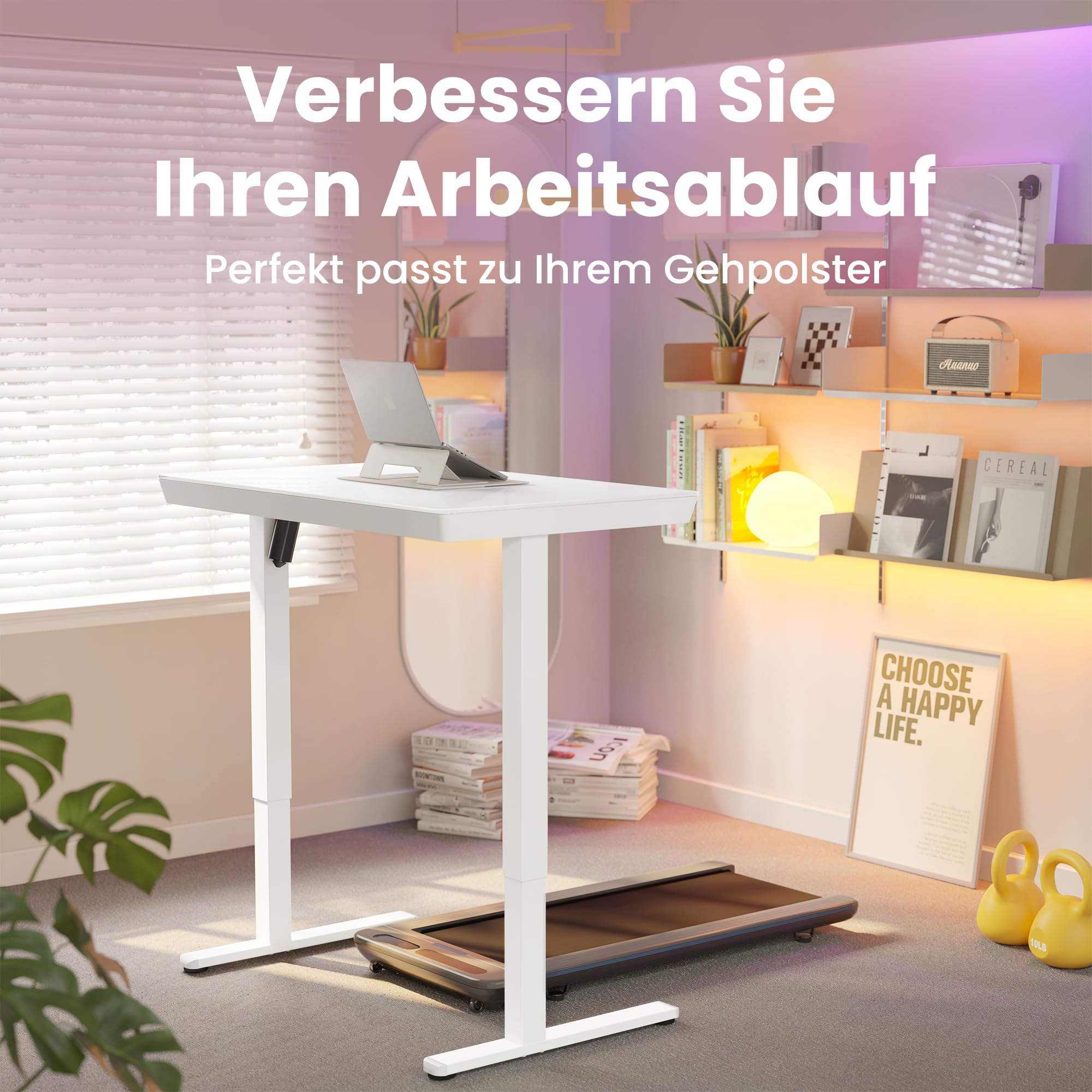 HUANUO 88 x 50 cm Glas Höhenverstellbarer Schreibtisch mit Schublade, Höhenverstellbarer Schreibtisch Ganze Tischplatte, USB-Aufladeanschluss und 3 Memory-Funktion, Weiß