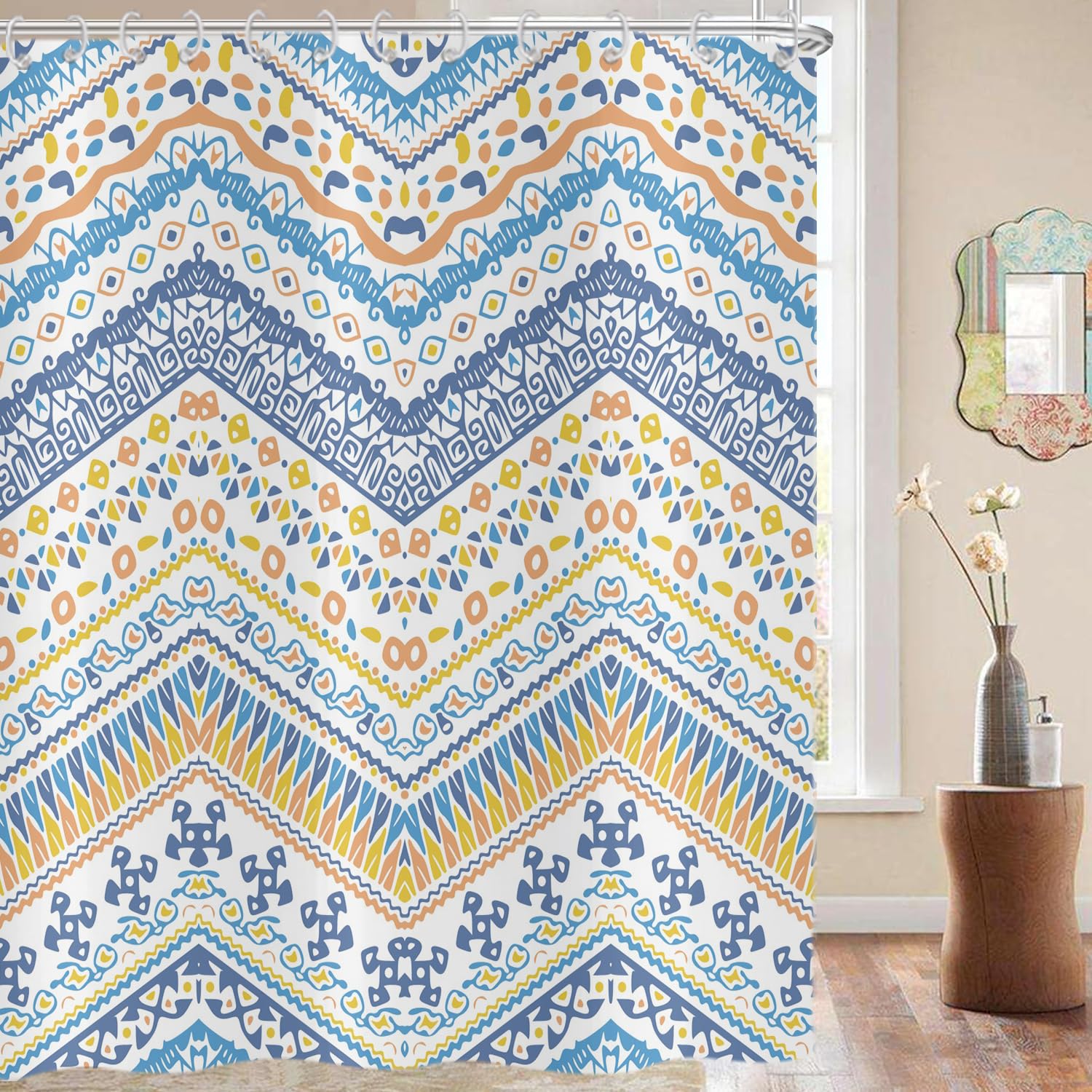 Hnmdmyi Boho Shower Curtain 180x200, Colorful Geometric Bohemain Floral Moroccan Tribal Modern Farmhouse Bathroom Curtains with Hooks Waterproof Polyester Fabric Washable Wet Room Bath Curtains