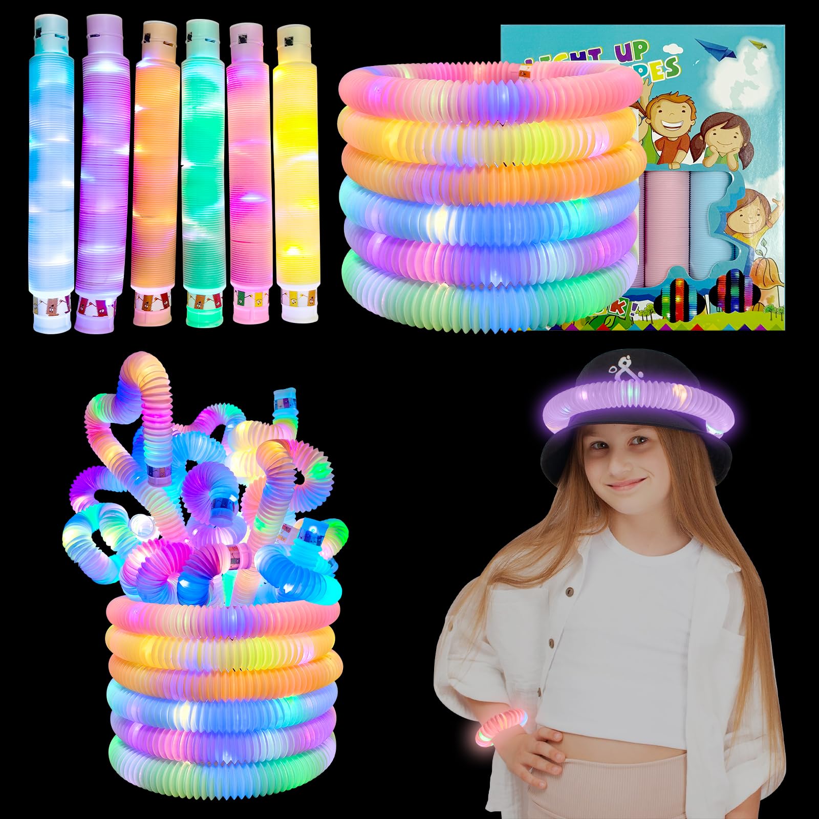 12 Pack Light Up Pop Tubes,Led Pop Tubes, Colorful Fidget Toys for Kids
