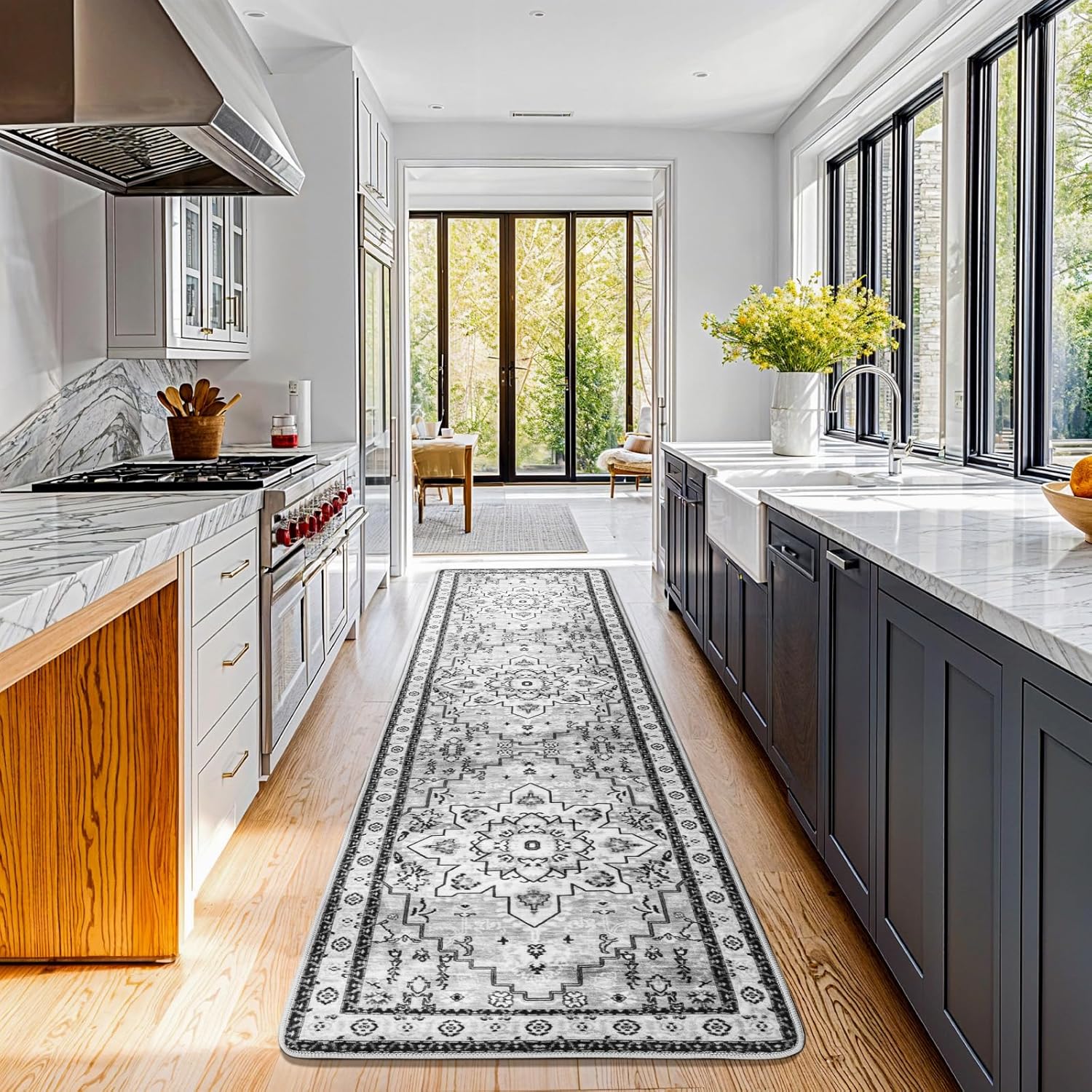 LBRO2M Boho Hallway Rug 2'X10’ Washable Runner Rugs Non Slip Low Piles Rugs Vintage, Soft, Gray Area Rug Runners for Hallways, Bedroom, Kitchen Laundry Room Pattern Print (2'X10', Gray)