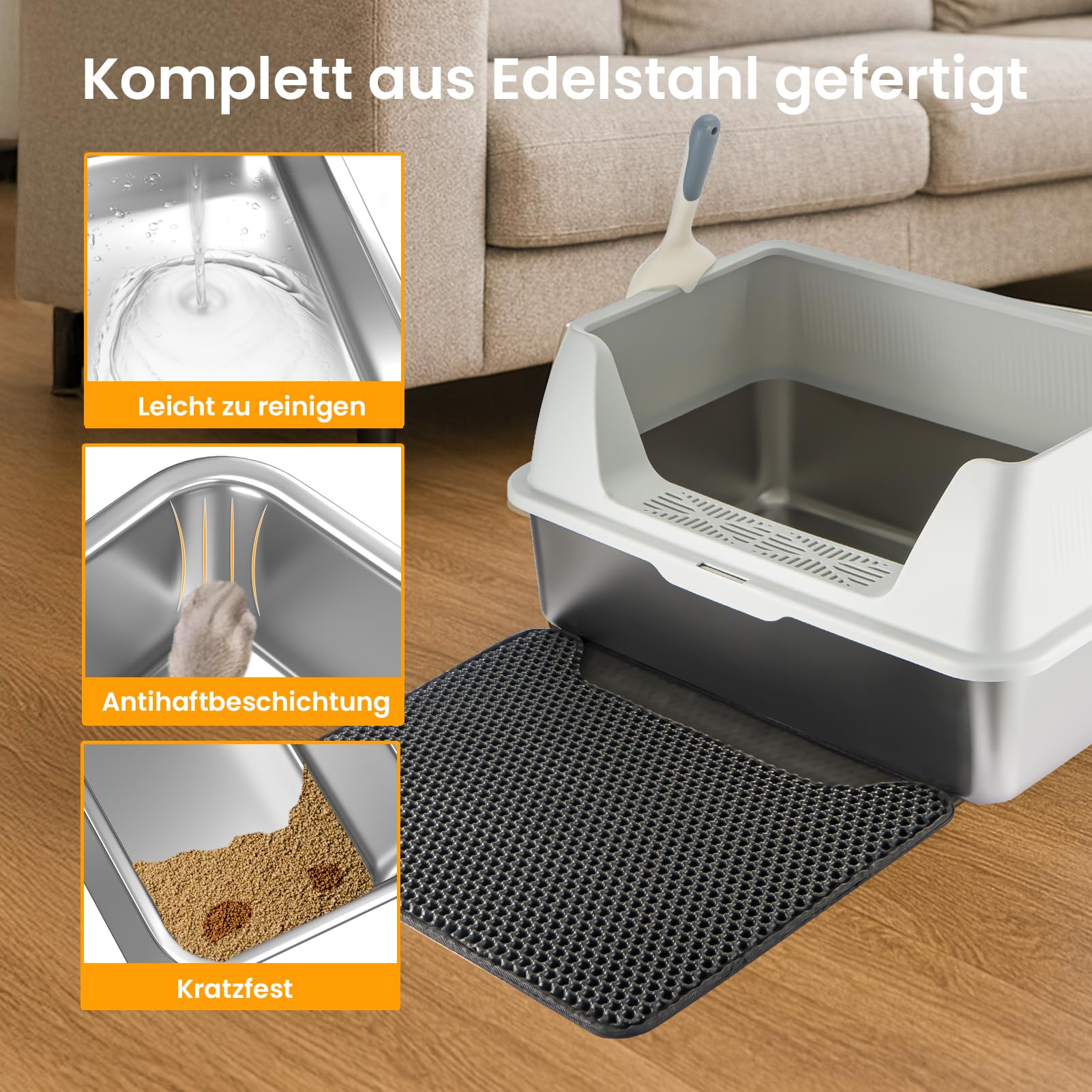Youyijia XXL Katzentoilette Edelstahl, großem Metall-Streubehälter, 30L Katzentoilette mit spritzwassergeschützt Deckel, Streumatte und Streuschaufel, große und mittelgroße Katzen, 59,5 x 39,5 x 30 cm