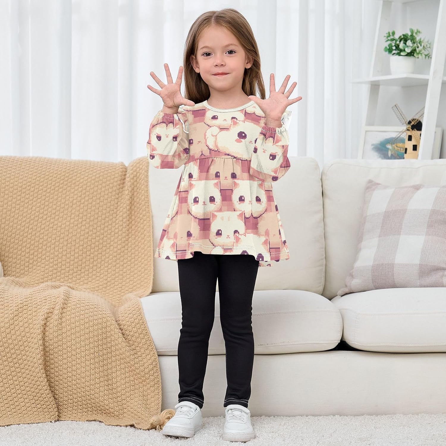 visesunny Toddler Clothes for Girls Pixel White Cat Pattern Long Sleeve Fall Shirts Cotton Top with Ruffle Collar