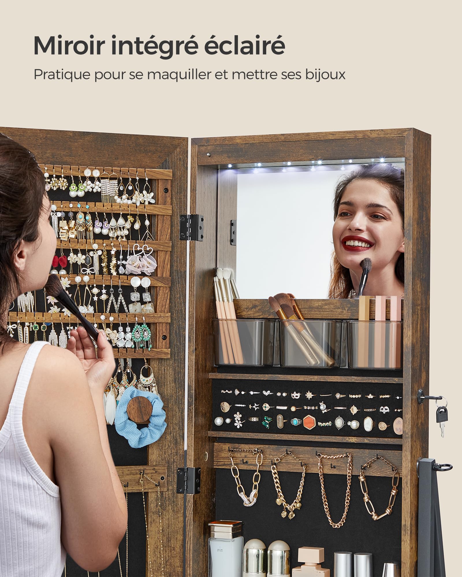 SONGMICS Armoire à bijoux LED sur pied, verrouillable avec miroir pleine longueur, organiseur de bijoux compact avec tiroir et étagère, idée cadeau, marron rustique JJC025X01
